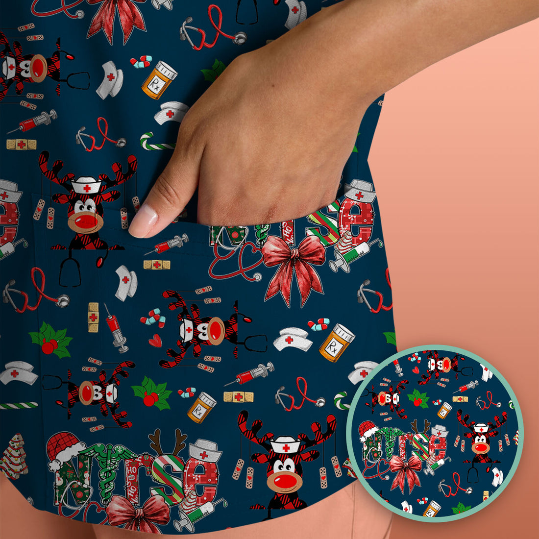 Whimsical Reindeer Christmas Scrub Top – Festive Holiday Reindeer Pattern – Cute Medical Uniform for Nurses, Vets and Healthcare Workers