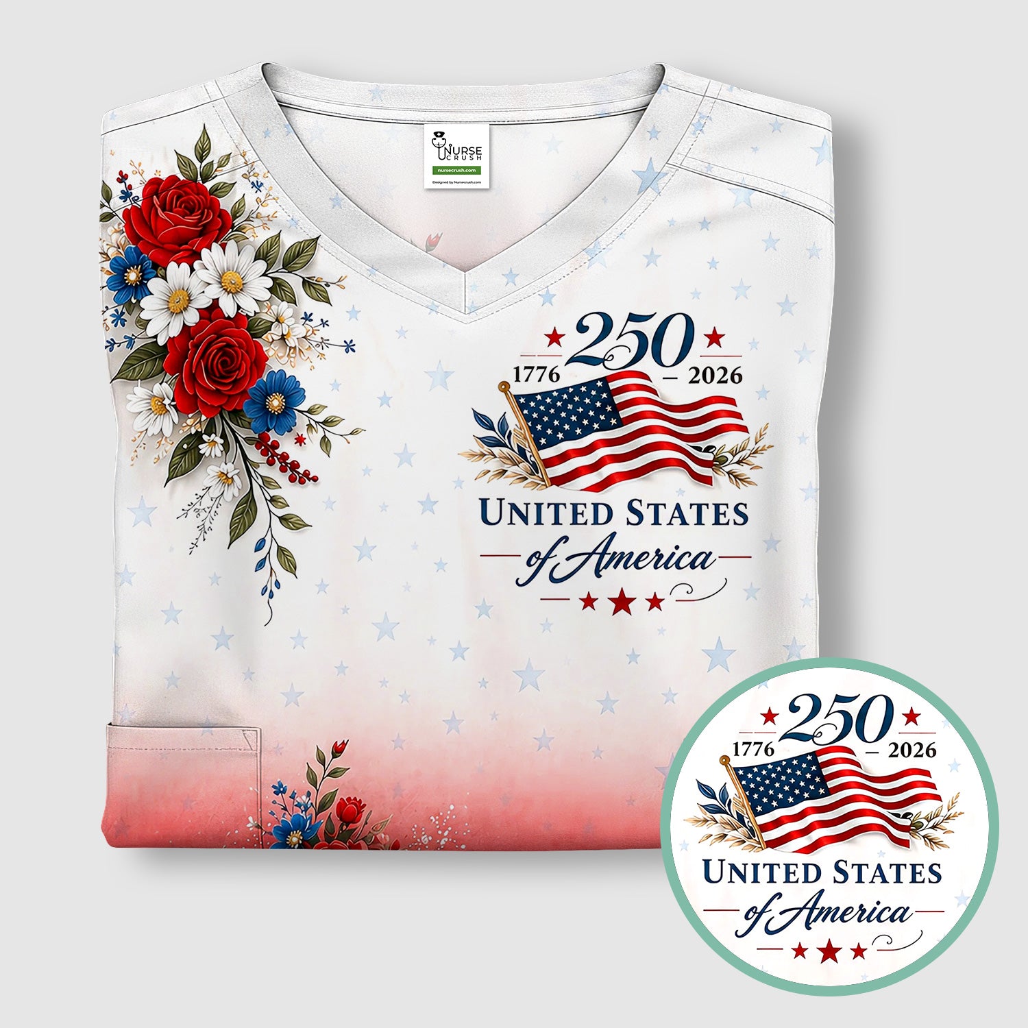Patriotic 250th Flag Floral Pattern Scrub Top, Comfortable Scrubs for Nurses