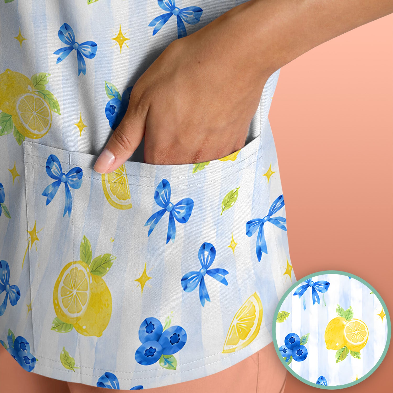 Lemon Blueberry Bow Nurse Scrub Top for RN, CNA, Healthcare Workers, Summer Fruit Uniform