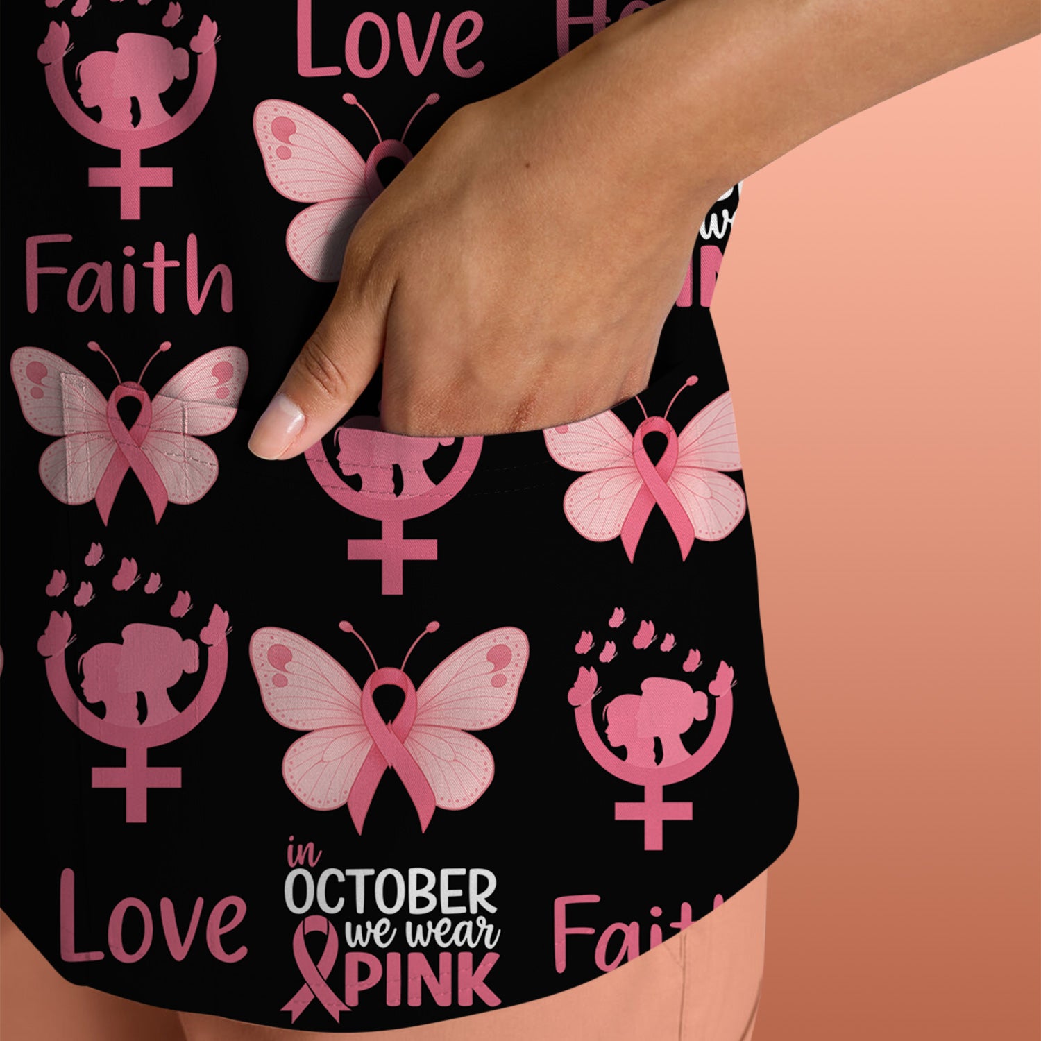 Breast Cancer Awareness Nurse Scrub Top - Faith Hope Love & Pink Ribbon Butterfly Design - October Gift for RN LPN CNA
