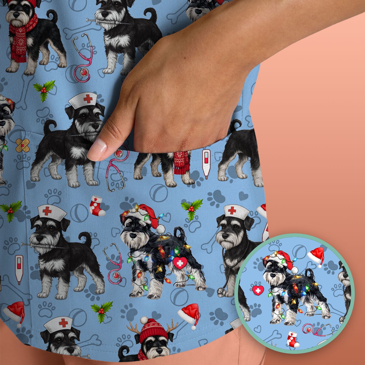 Christmas Schnauzer Scrubs for Nurses - Cute Dog Holiday Scrub Top - Funny Santa Nursing Medical Shirt for Women