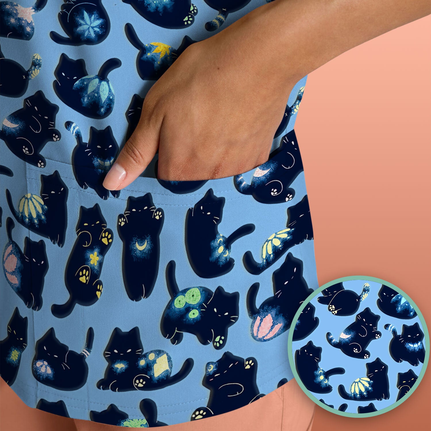 Midnight Cat Scrub Top, Black Cat Pattern Nurse Shirt, Breathable Fabrics Nursing Uniform
