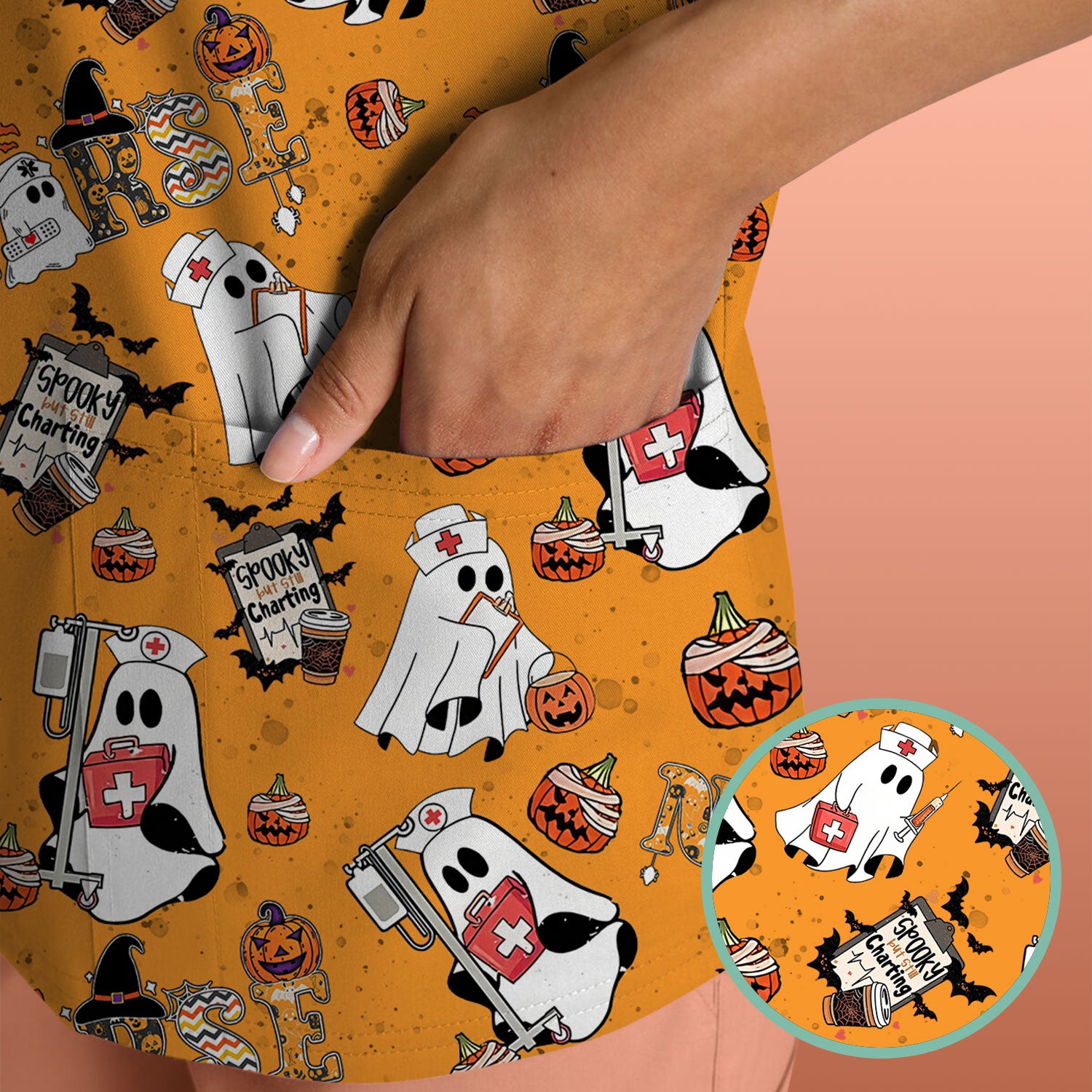 Halloween Scrub Top - Spooky But Still Charting - Funny Scrubs for Nurses - Horror Pumpkin Nursing Uniform
