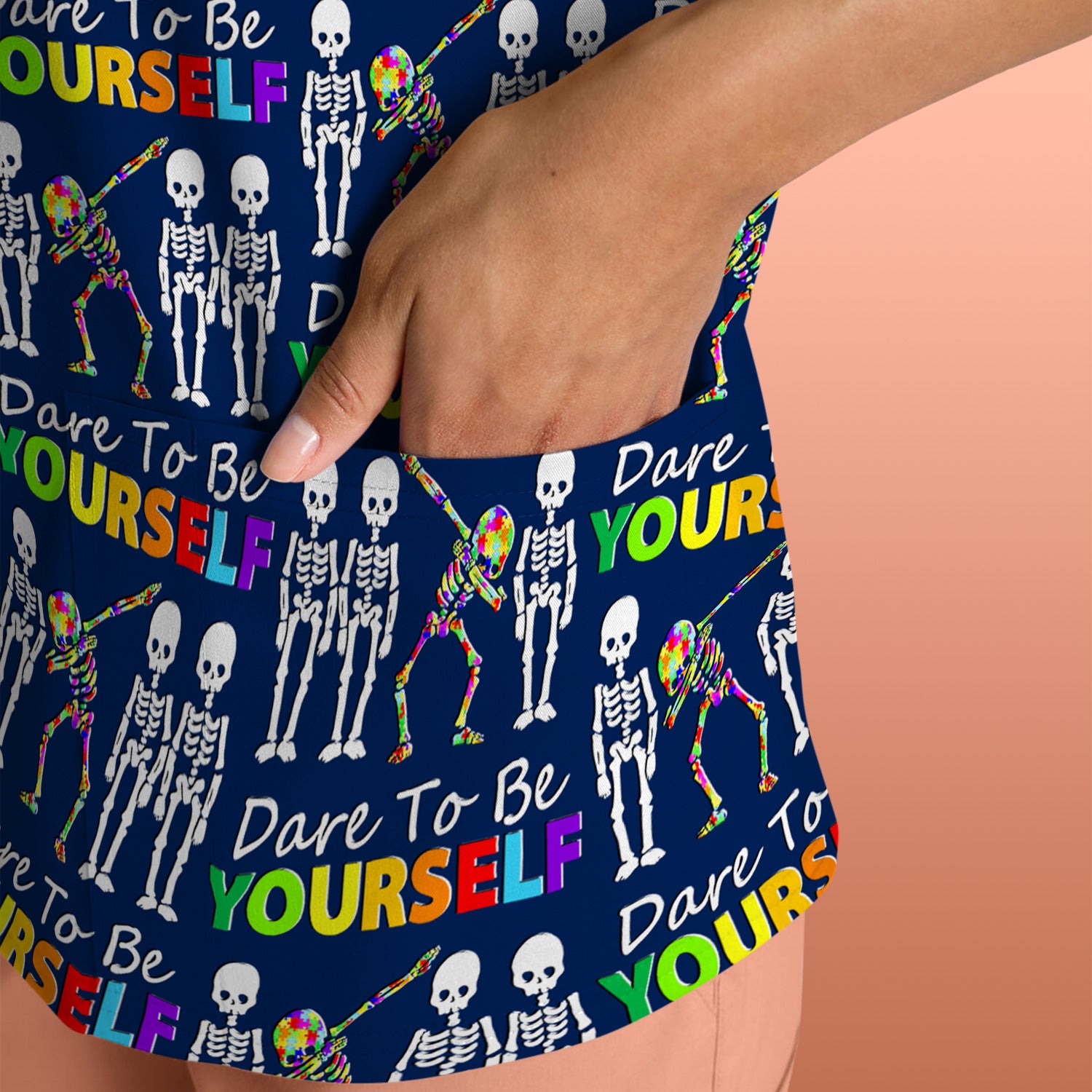 Rainbow Skeleton Dare To Be Yourself Pattern Scrubs Top, Comfortable Scrubs for Nurses