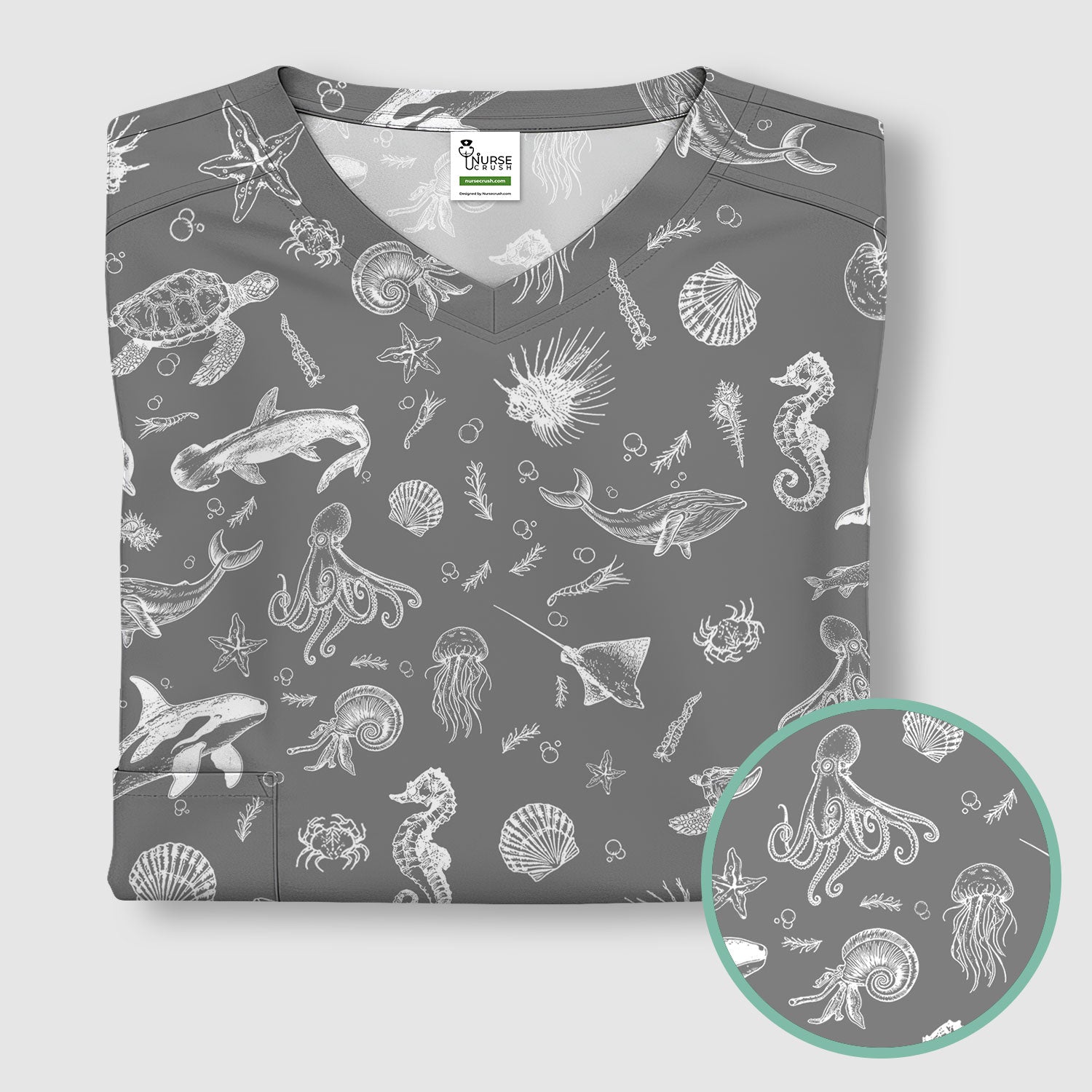 Marine Sea Life Pattern Scrub Top, Breathable Fabrics Nursing Uniform