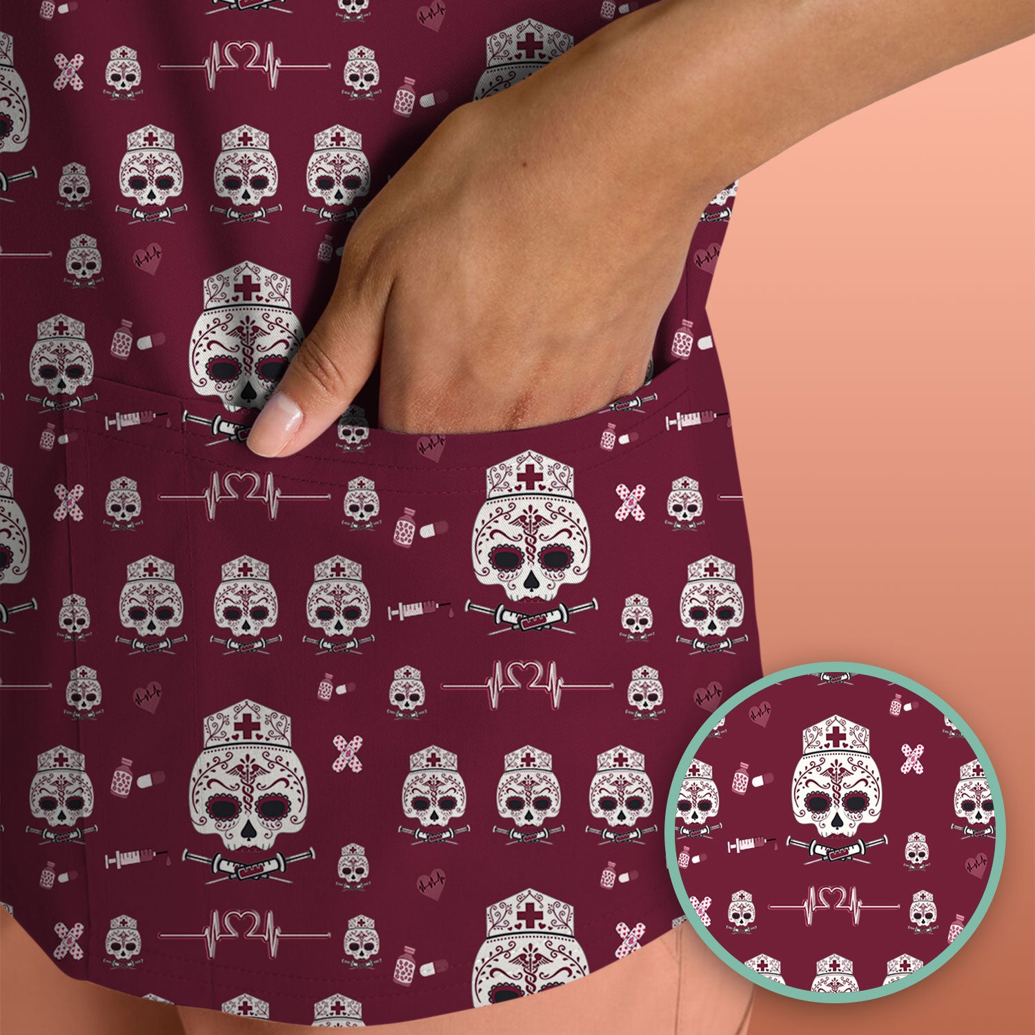 Sugar Skull Scrub Top, Skull Pattern Scrub Shirt, Breathable Fabrics Nursing Uniform