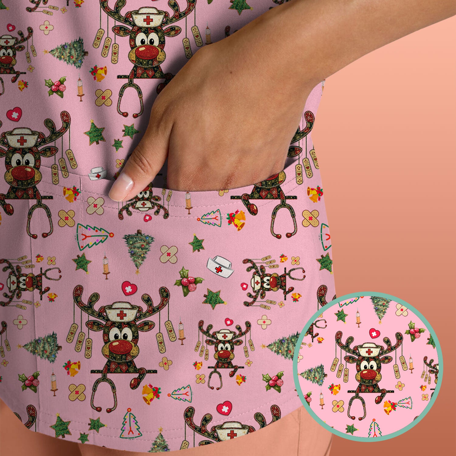 Reindeer Christmas Nurse Scrub Top - Funny Holiday Scrub Shirt - Cute Medical Uniform for Women RN LPN CNA Gift