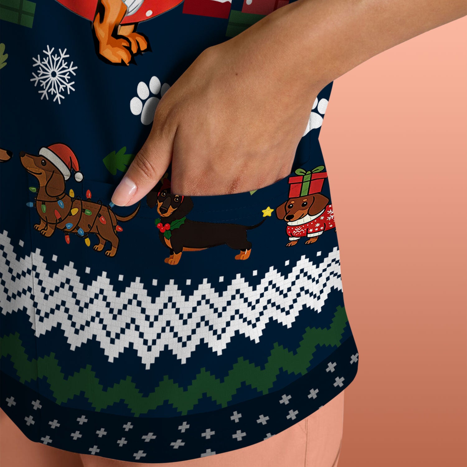 Dachshund Through the Snow - Funny Christmas Scrub Top - Wiener Dog Lover Gift - Holiday Medical Uniform
