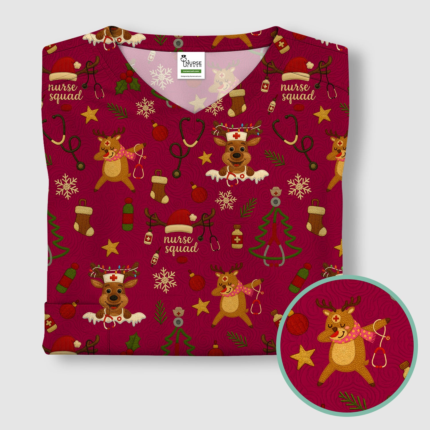 Funny Xmas Scrub Shirt - Cute Reindeer Holiday Scrub Top - Christmas Medical Scrubs Gift for Women CNA RN Doctor Nurse Tech Staff Hospital Team