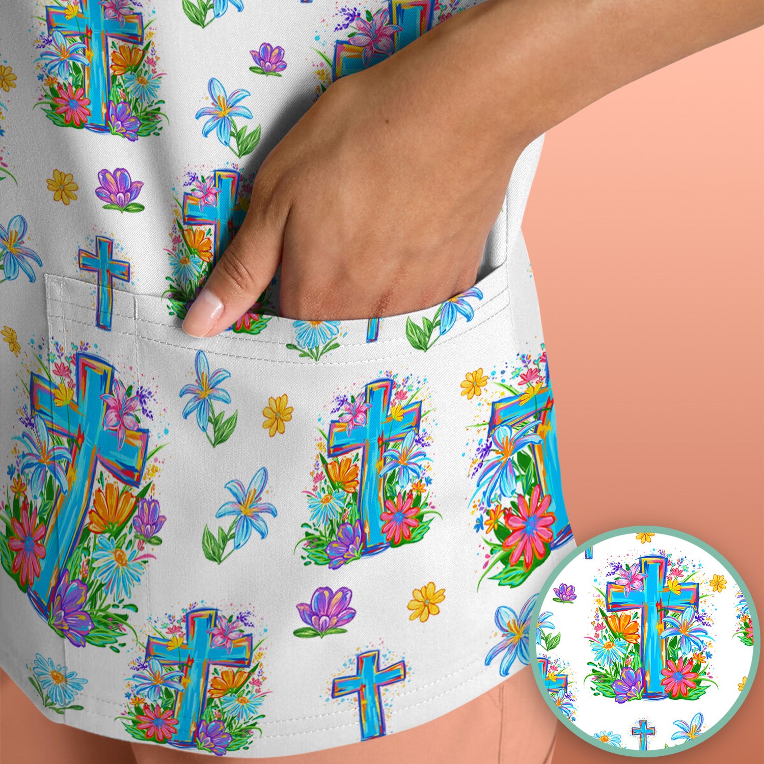 Christian Floral Cross Spring Pattern Scrub Top, Comfortable Scrubs for Nurses