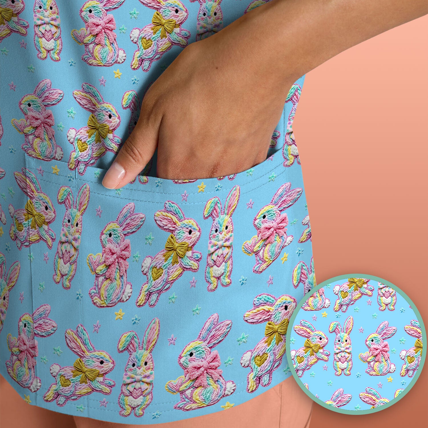 Cartoon Bunny All Over Print Scrub Top, Comfortable Scrubs for Nurses, Easter
