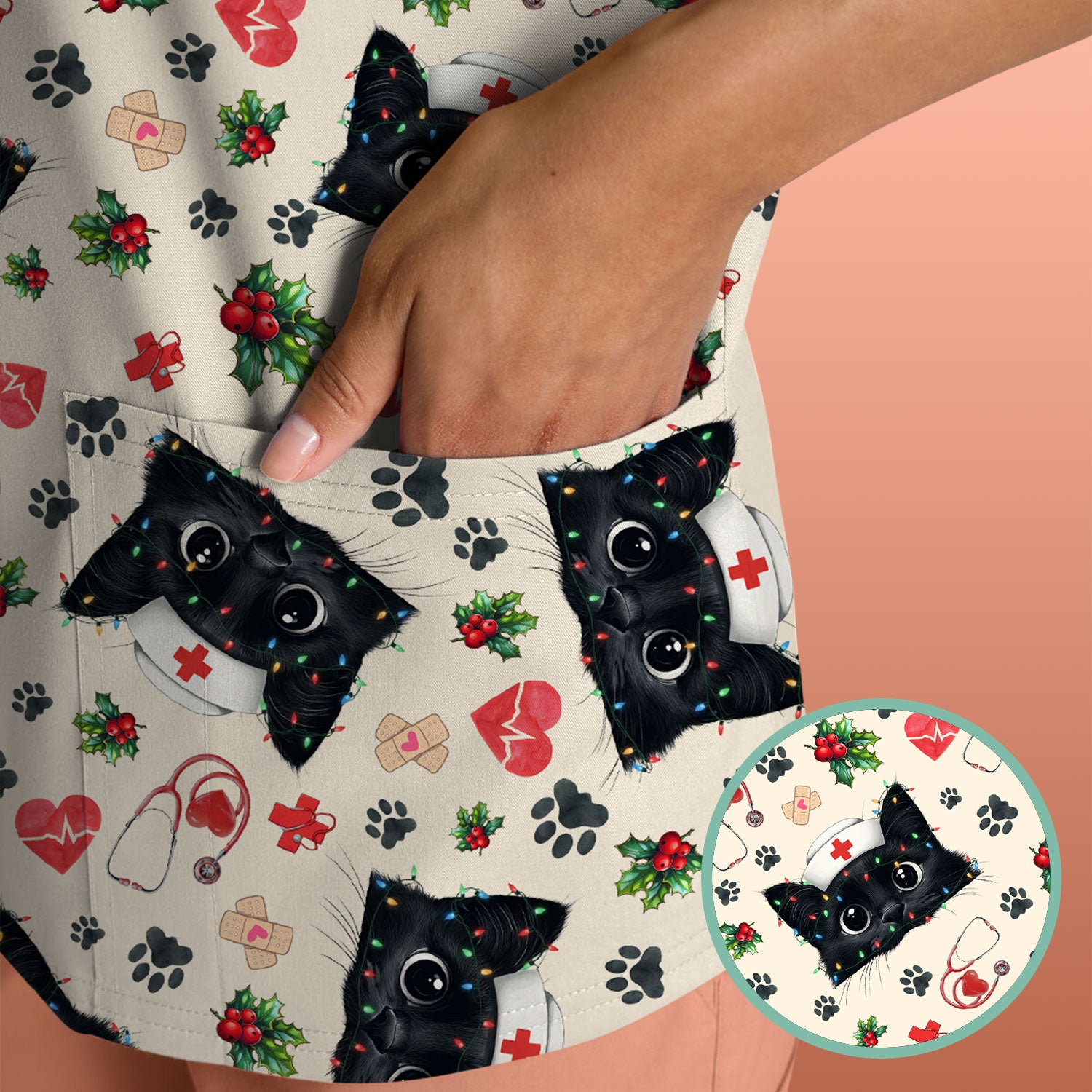 Black Cat Scrub Top for Nurse - Cute Kittens Christmas Medical Uniform - Funny Holiday Gift for Women