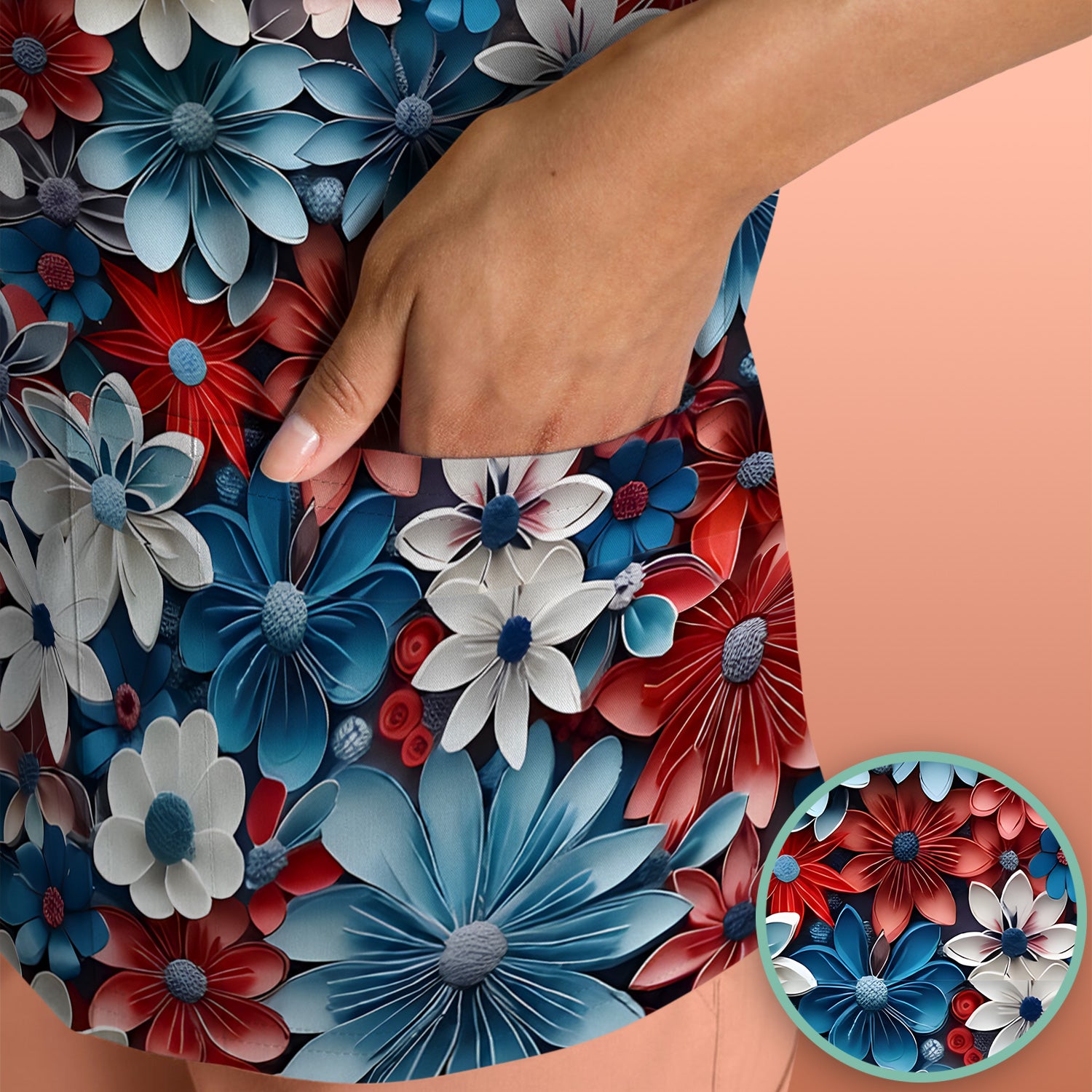 Patriotic 3D Floral Nurse for RN & CNA, Red Blue White Healthcare Workers Uniform Scrub Top, Comfortable Scrubs for Nurses