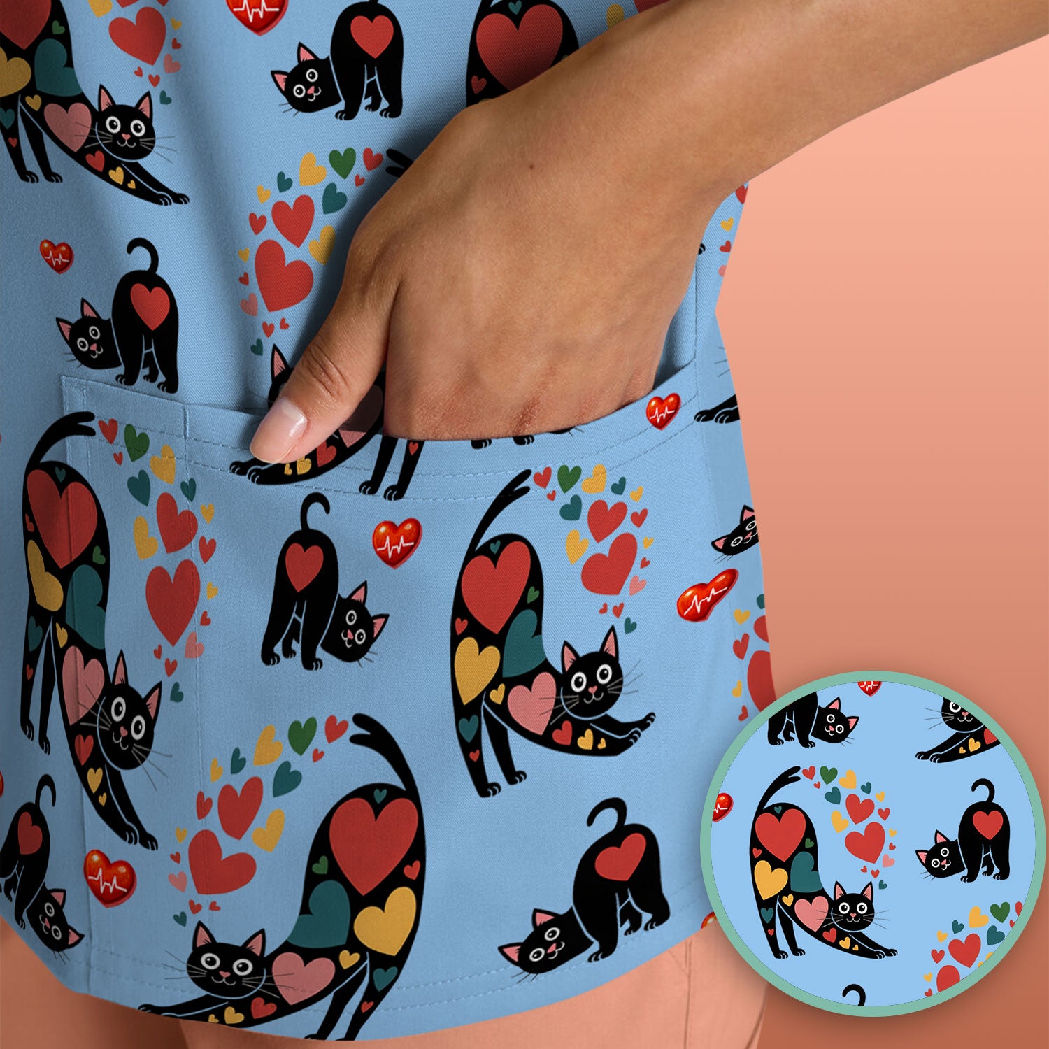 Playful Cat Valentine Heart Print Nurse Scrub Top, Comfortable Scrubs for Nurses