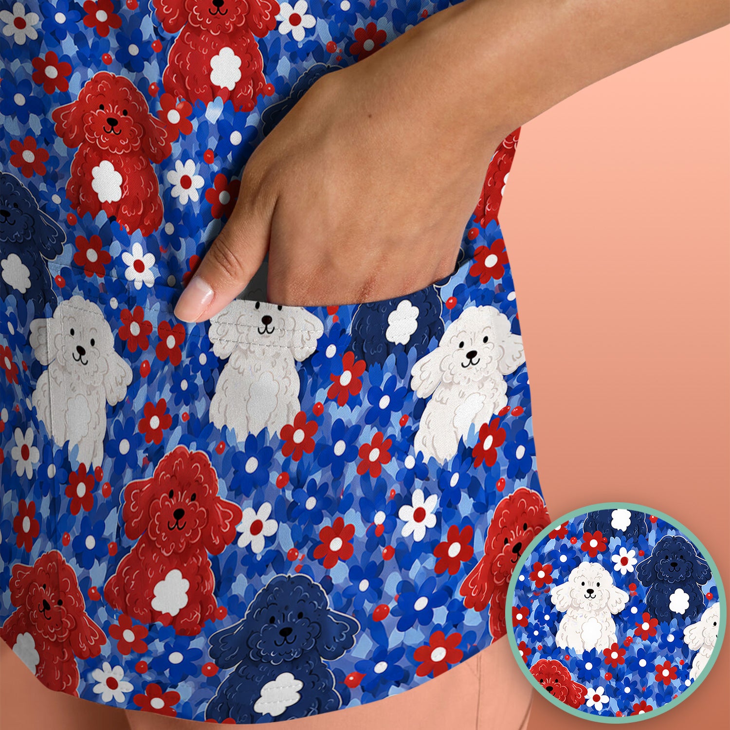 Cute Poodle Floral Garden Print Scrub Top, Comfortable Scrubs for Nurses