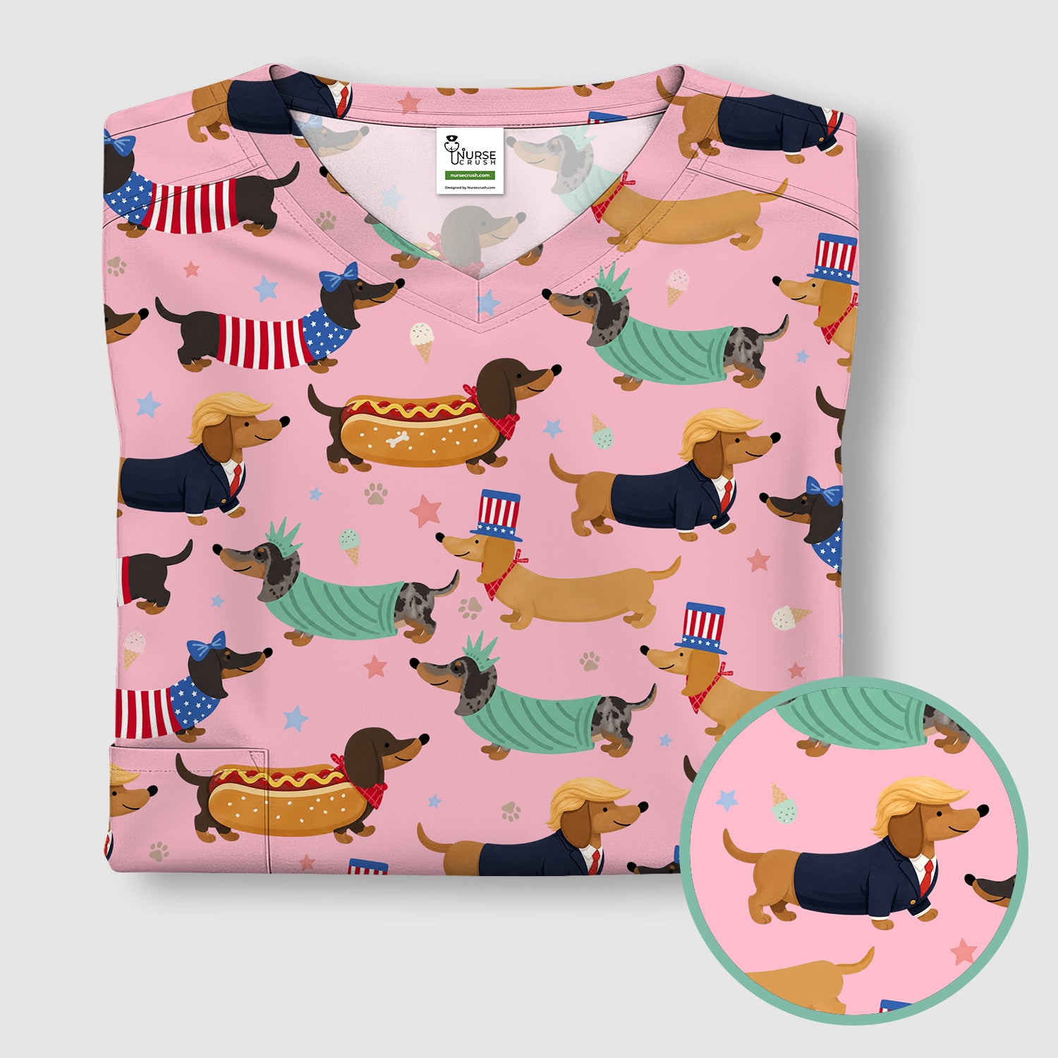 Funny Patriotic Dachshund Costume Dogs Pattern Scrub Top, Breathable Fabrics Nursing Uniform