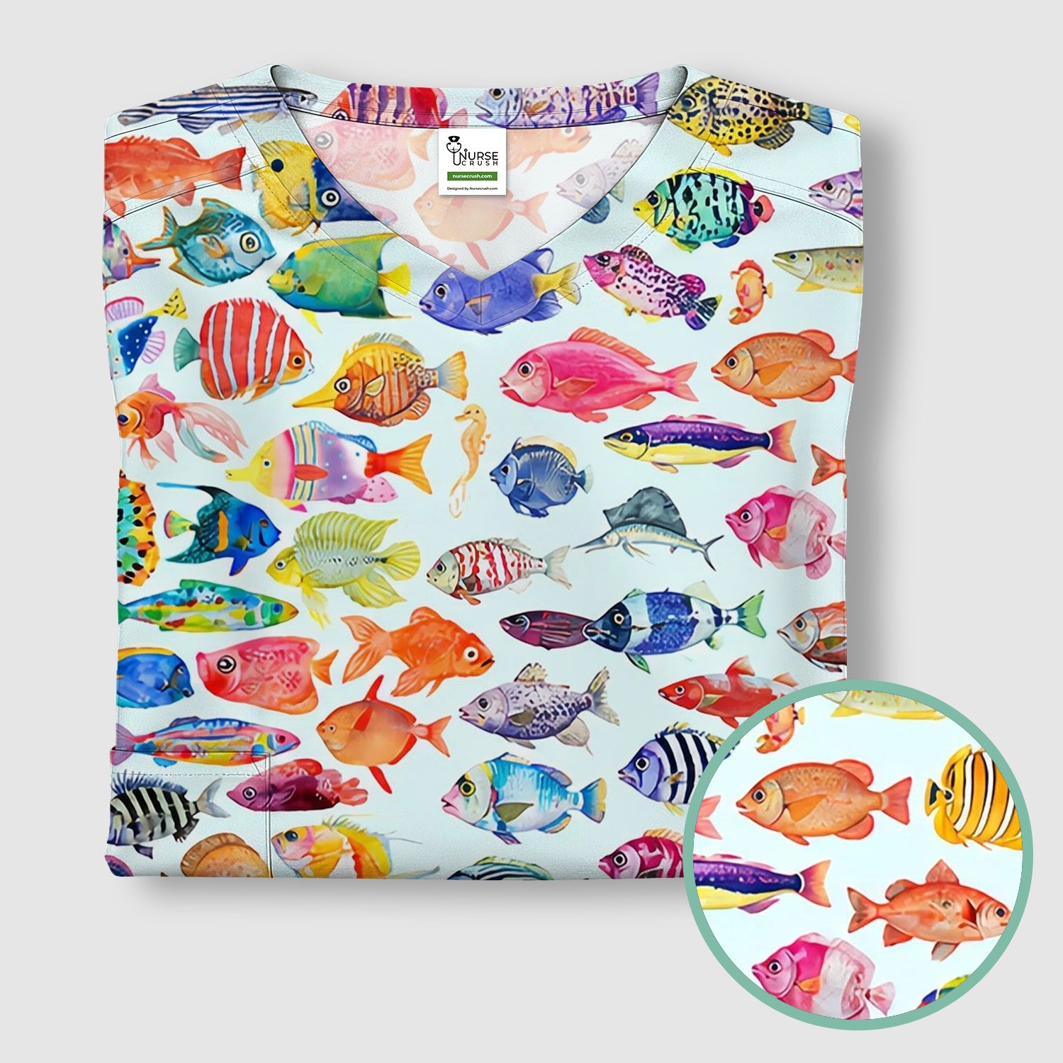 Colorful Tropical Fish Print Scrub Top, Comfortable Scrubs for Nurses