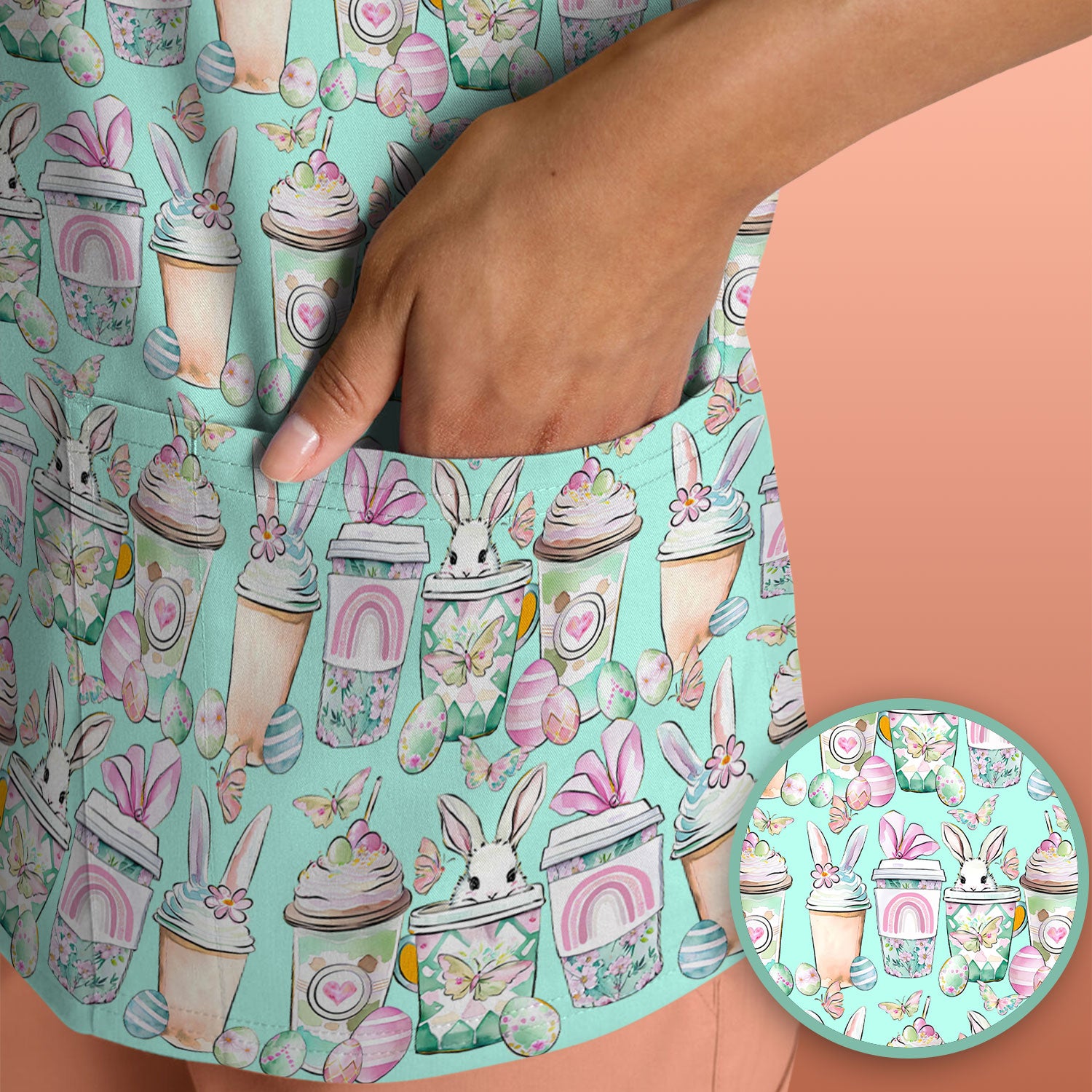 Cute Easter Bunny Coffee Cup Pattern Scrub Top, Comfortable Scrubs for Nurses
