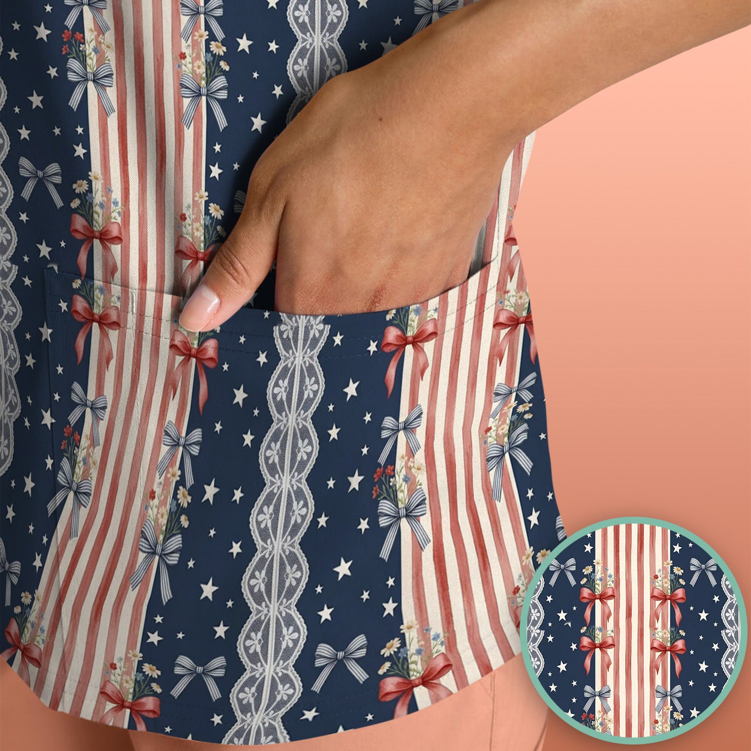 Patriotic Bow Lace Stripe Pattern Scrub Top, Comfortable Scrubs for Nurses