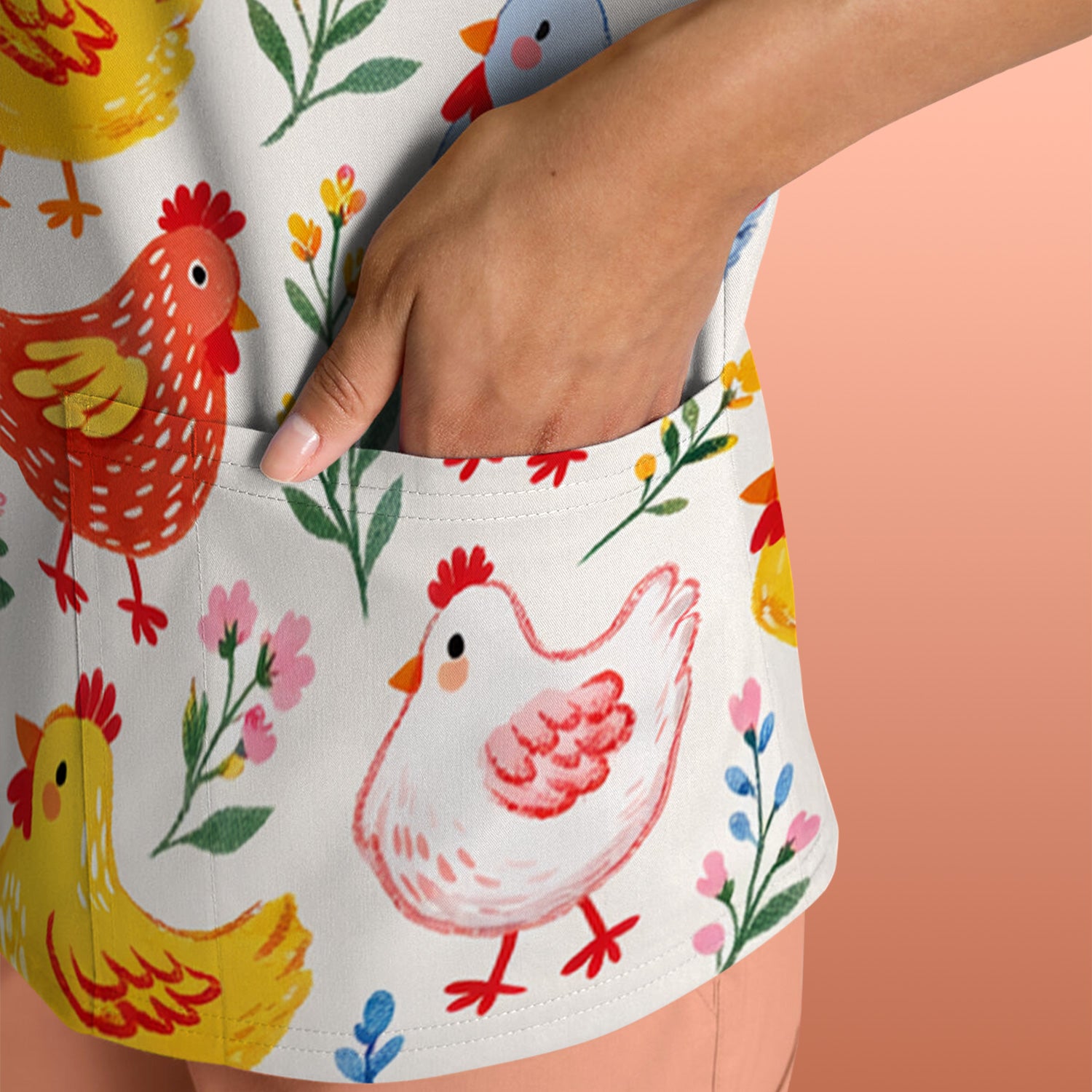 Fun Cartoon Hen Print Scrub Top,  Breathable Fabrics Nursing Uniform