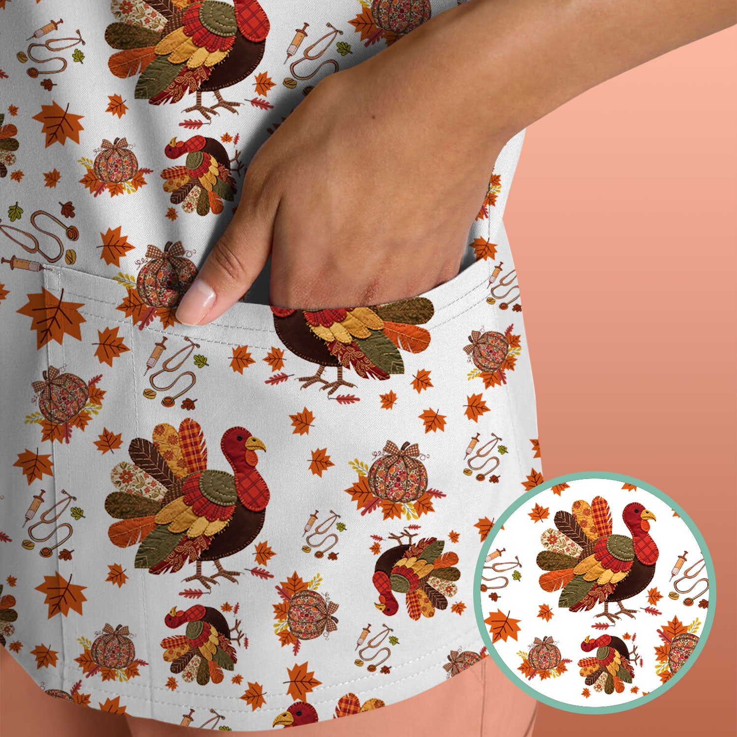 Fall Leaves Thanksgiving Scrubs for Nurses - Comfortable Scrub Tops - Turkey Nursing Uniform Gift for Women