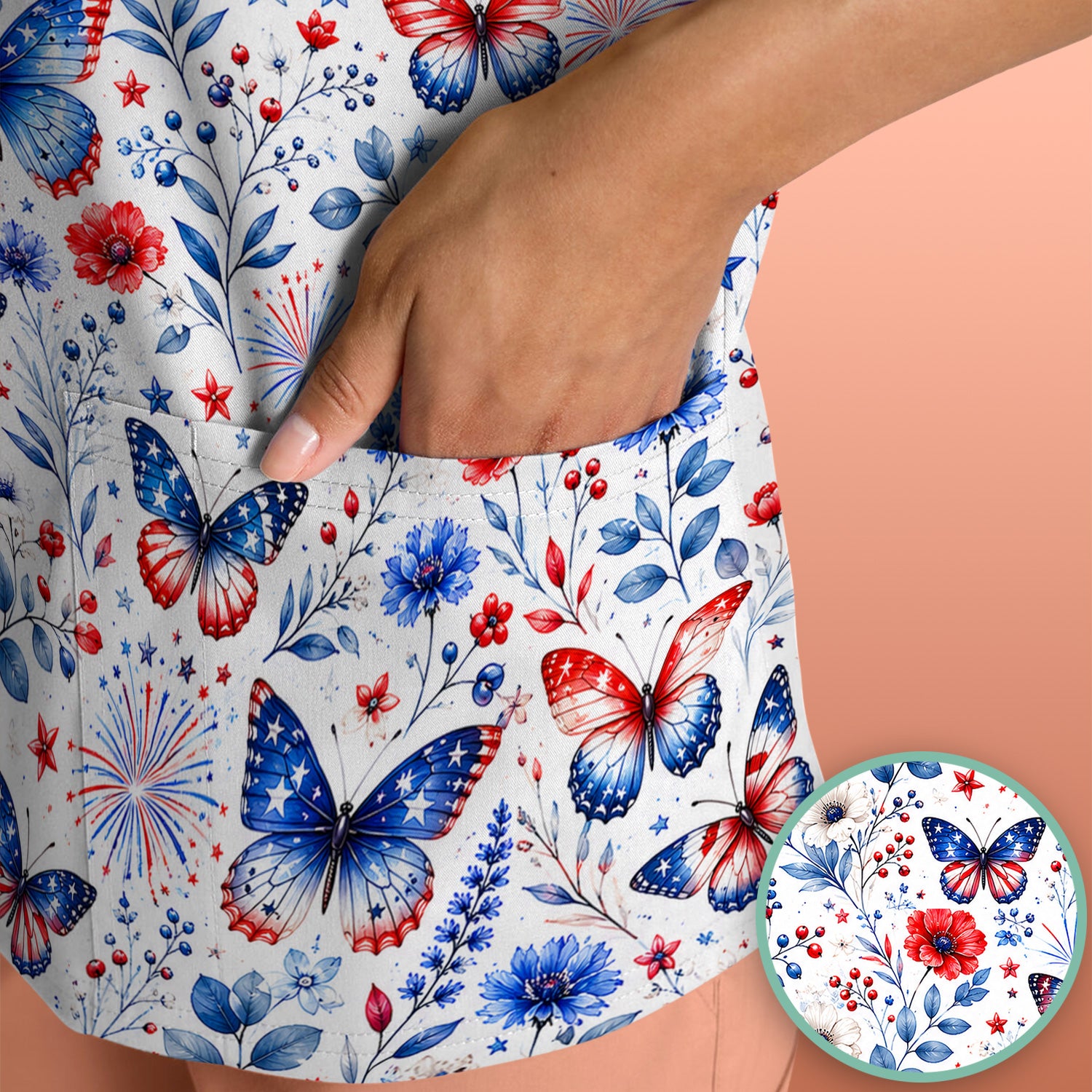 Patriotic Butterfly Fireworks Floral Pattern Scrub Top, Comfortable Scrubs for Nurses