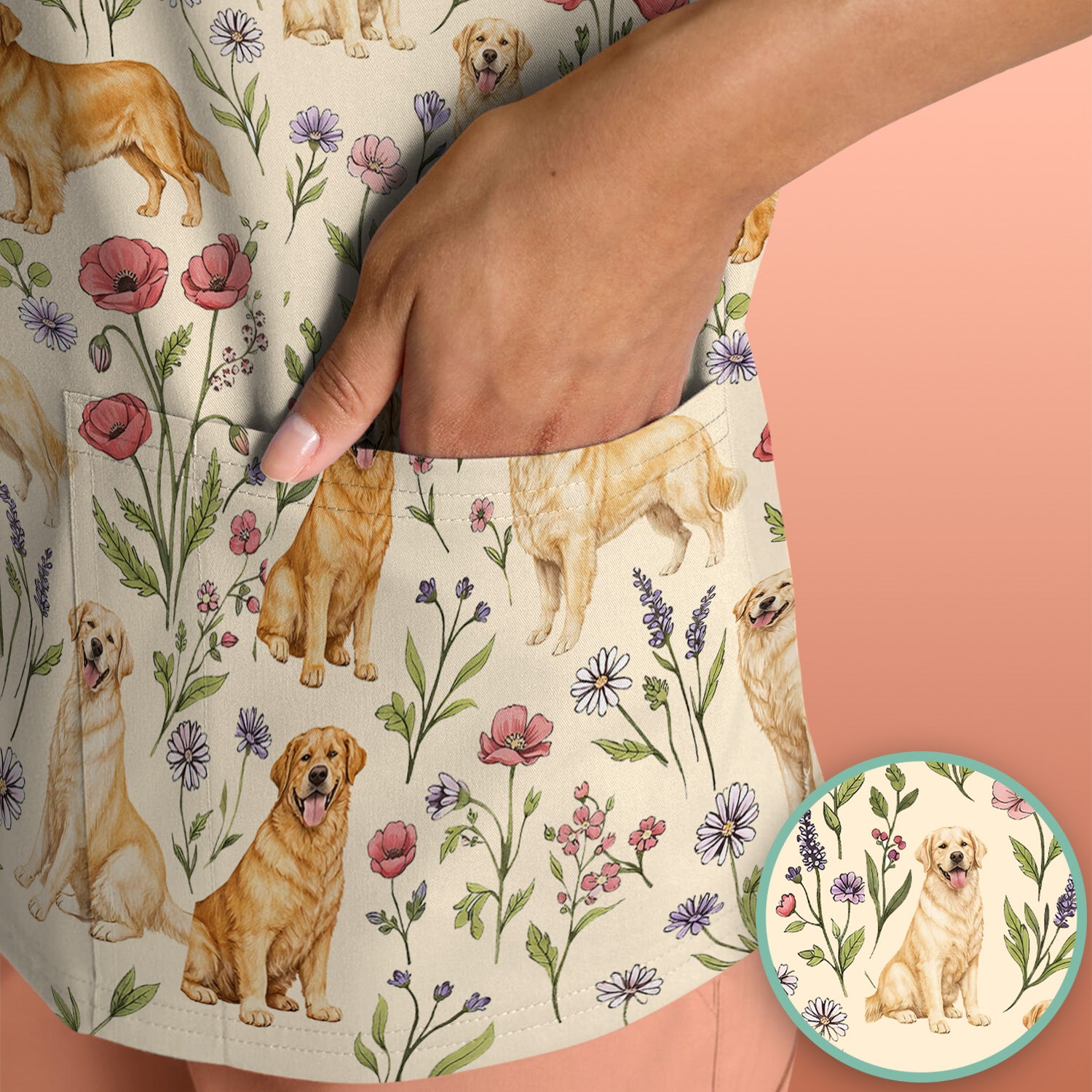 Cute Golden Retriever Floral Pattern Scrub Top, Breathable Fabrics Nursing Uniform