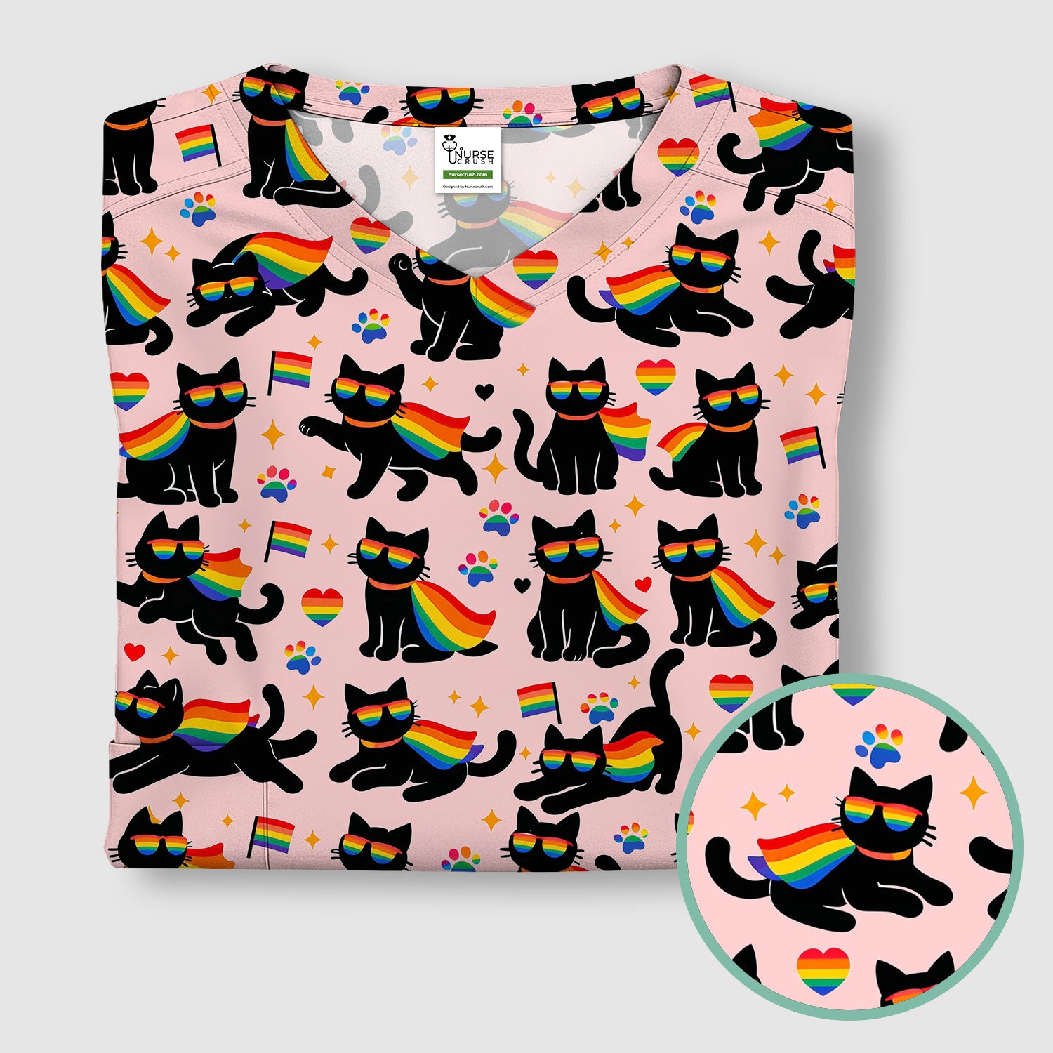 Rainbow Black Cat Pride Pattern Scrub Top, Breathable Fabrics Nursing Uniform