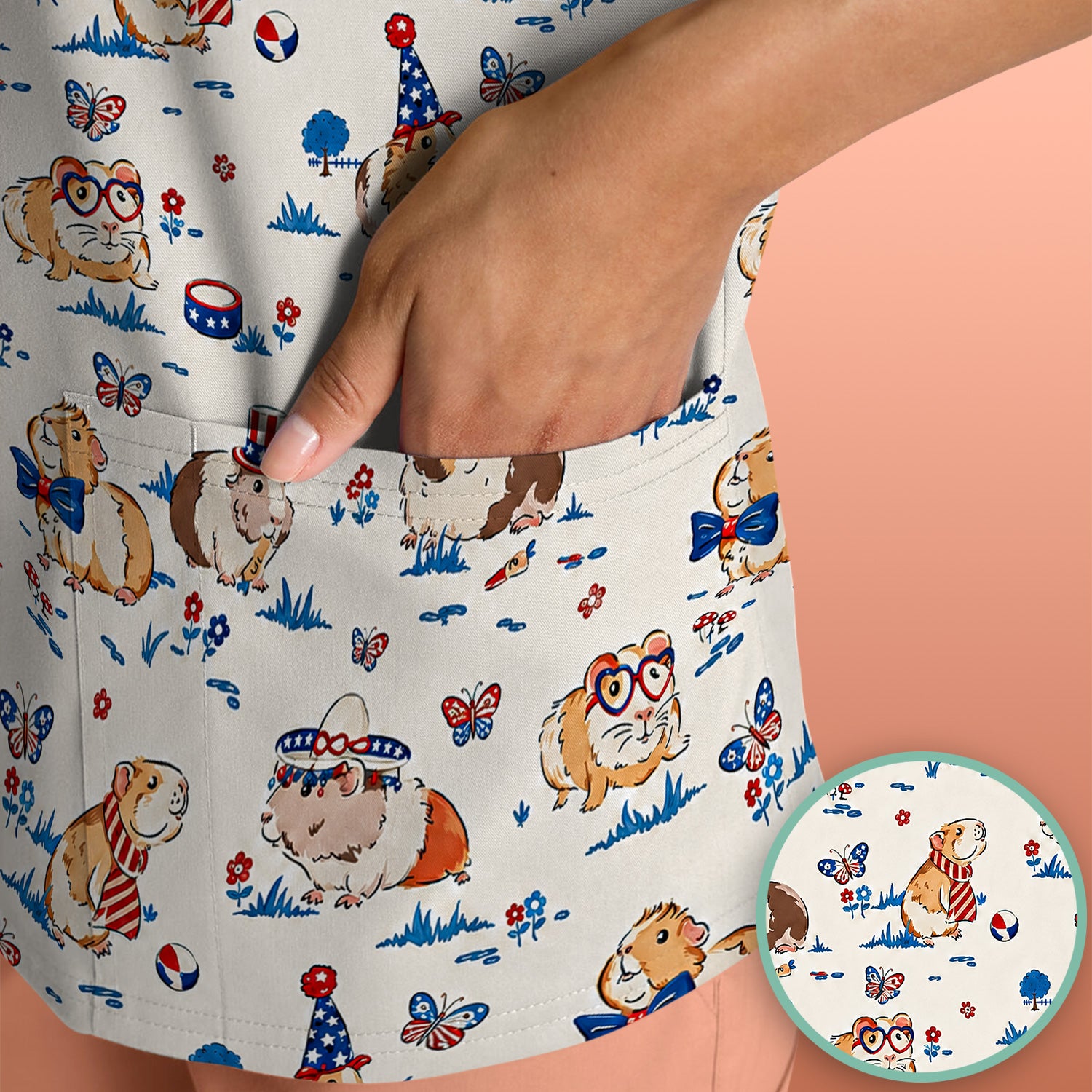 Patriotic Guinea Pig Celebration Pattern Scrub Top, Comfortable Scrubs for Nurses