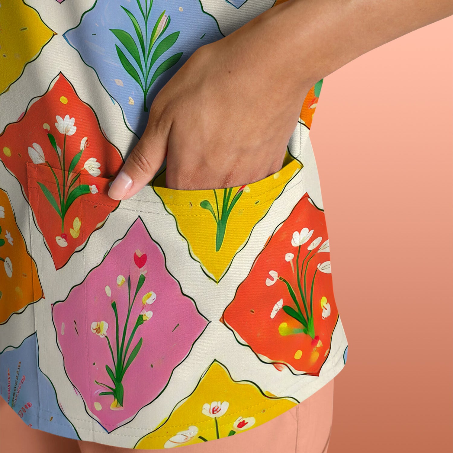 Cute Colorful Floral Tile Pattern Scrub Top, Breathable Fabrics Nursing Uniform