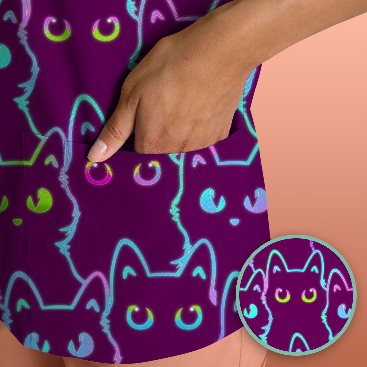 Neon Cat Pattern Scrub Top, Black Cat Scrub Shirt, Breathable Fabrics Nursing Uniform