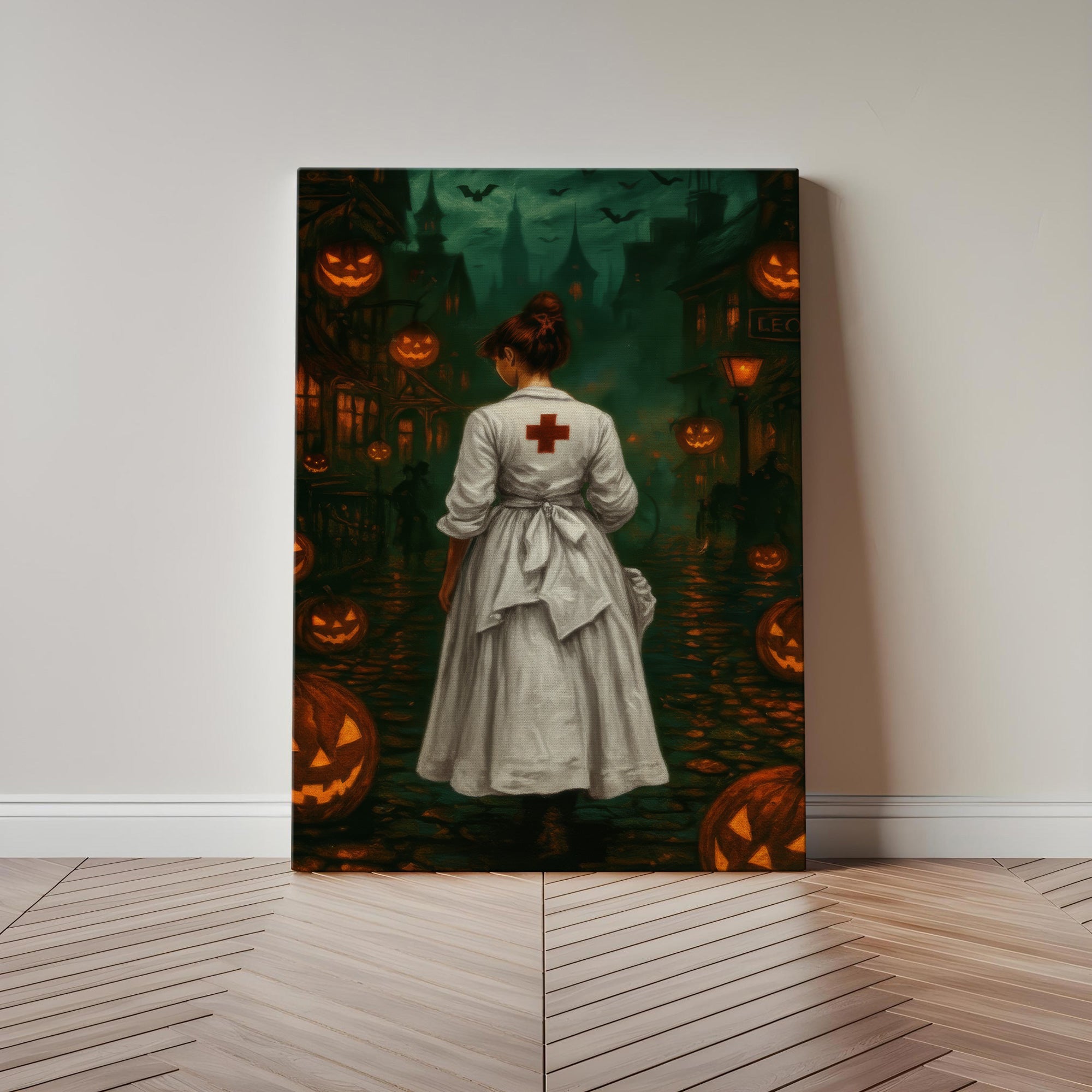 Creepy Vintage Nurse Canvas for Halloween, Haunted Street & Glowing Pumpkin, RN LPN CNA Gift