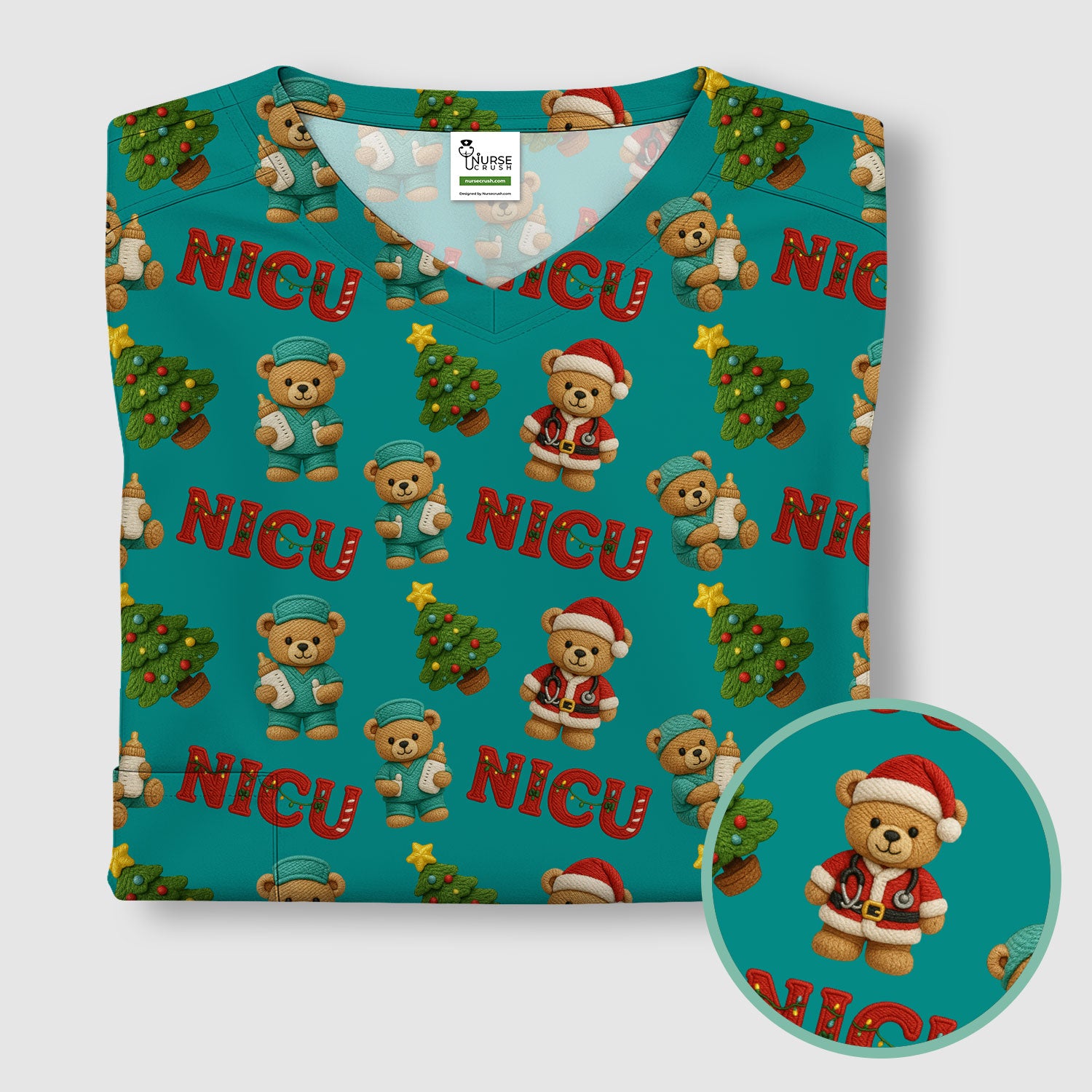 Festive Christmas NICU Nurse Teddy Bear Pattern, Breathable Fabrics Nursing Uniform