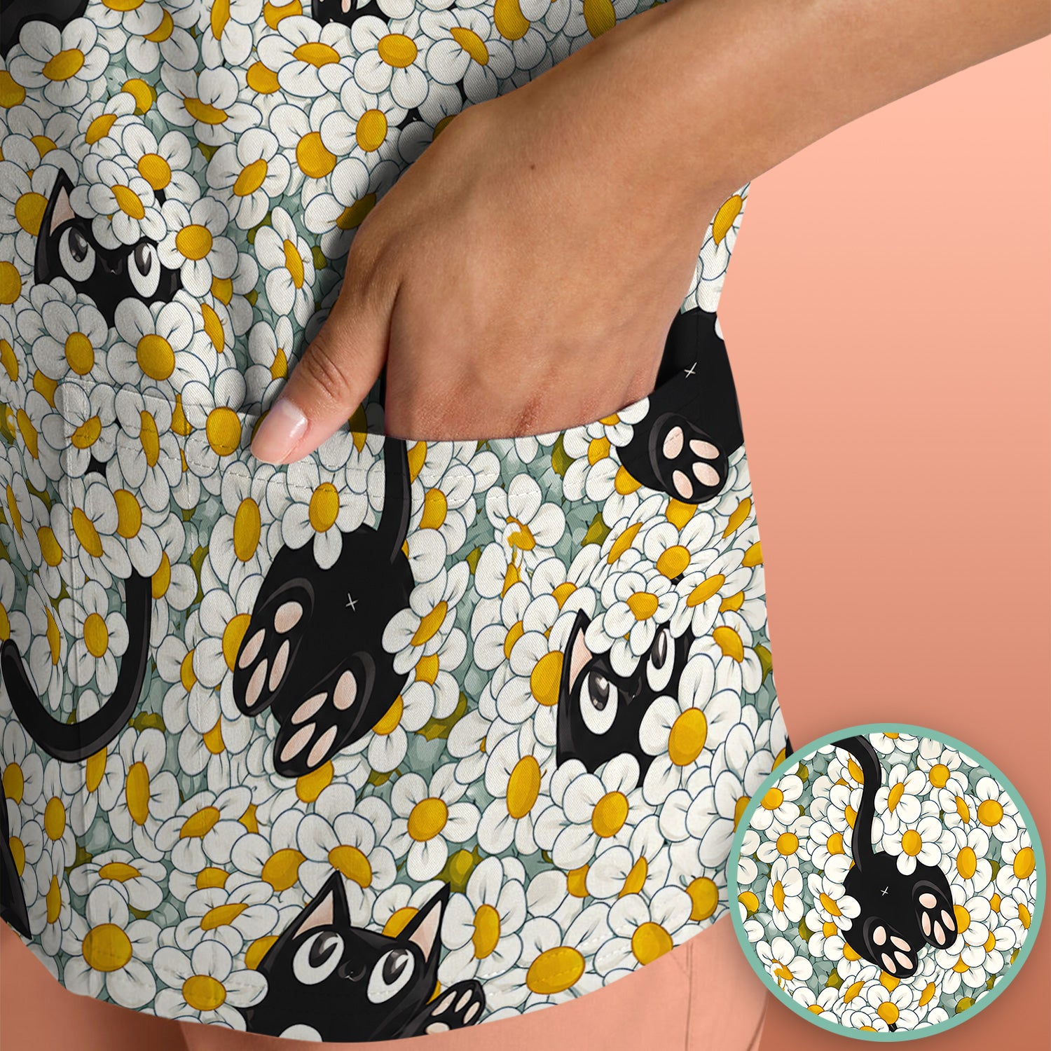 Daisy Black Cat Nurse Scrub Top for RN, CNA, Veterinary Staff, Cat Lover Uniform