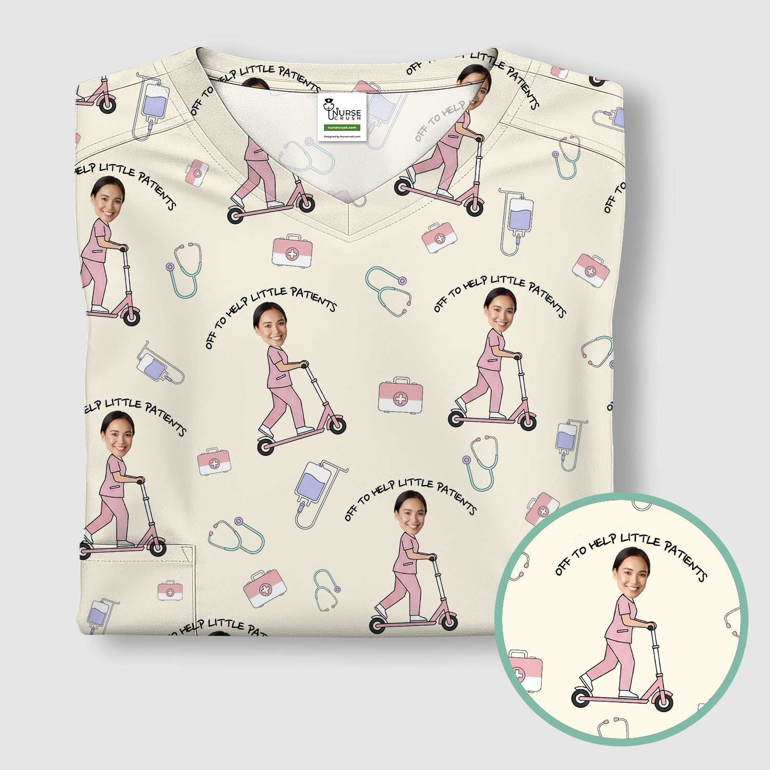 Custom Face Pediatric Nurse Scooter Pattern Scrub Top, Comfortable Scrubs for Nurses