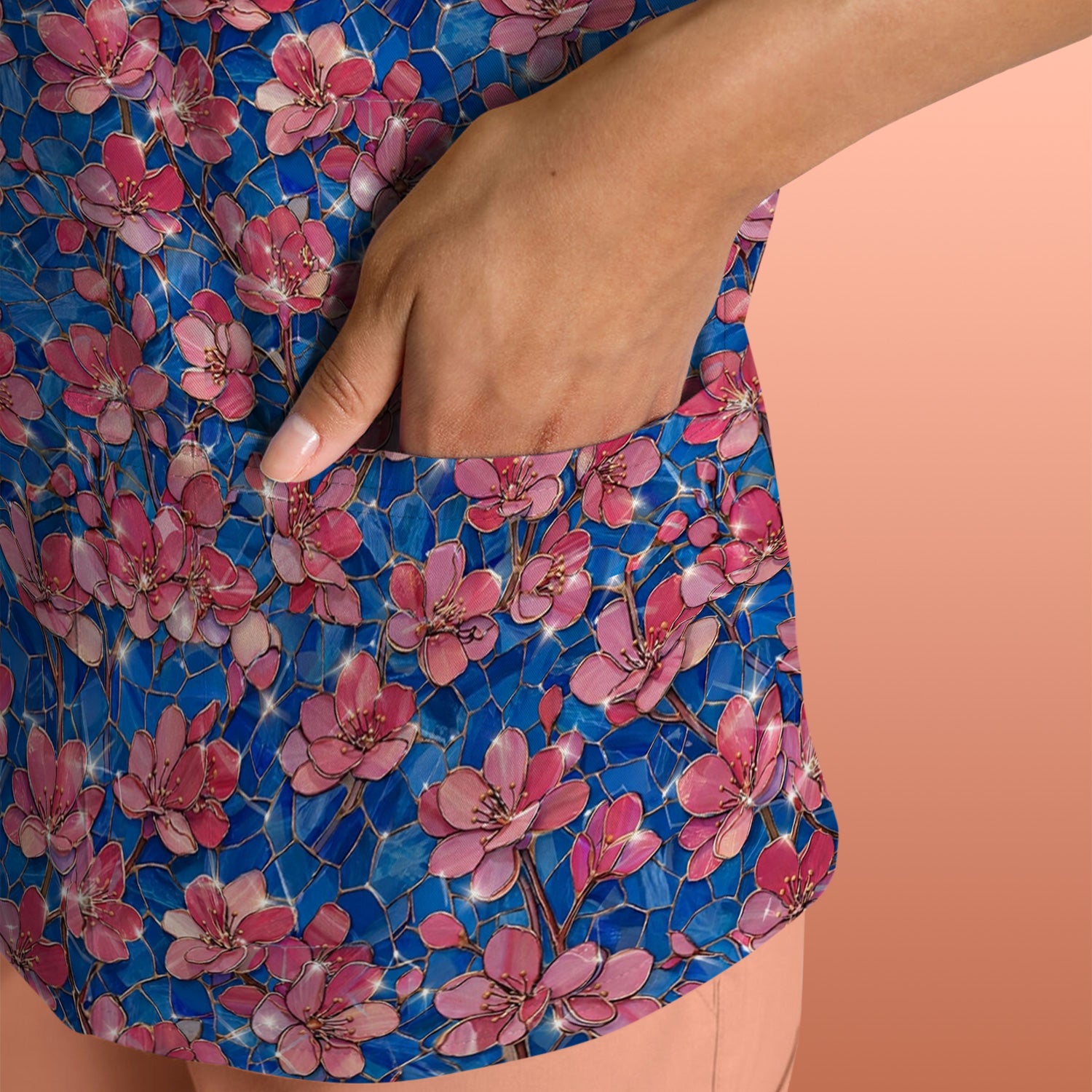 Pink Cherry Blossom Floral Pattern Scrub Top, Comfortable Scrubs for Nurses