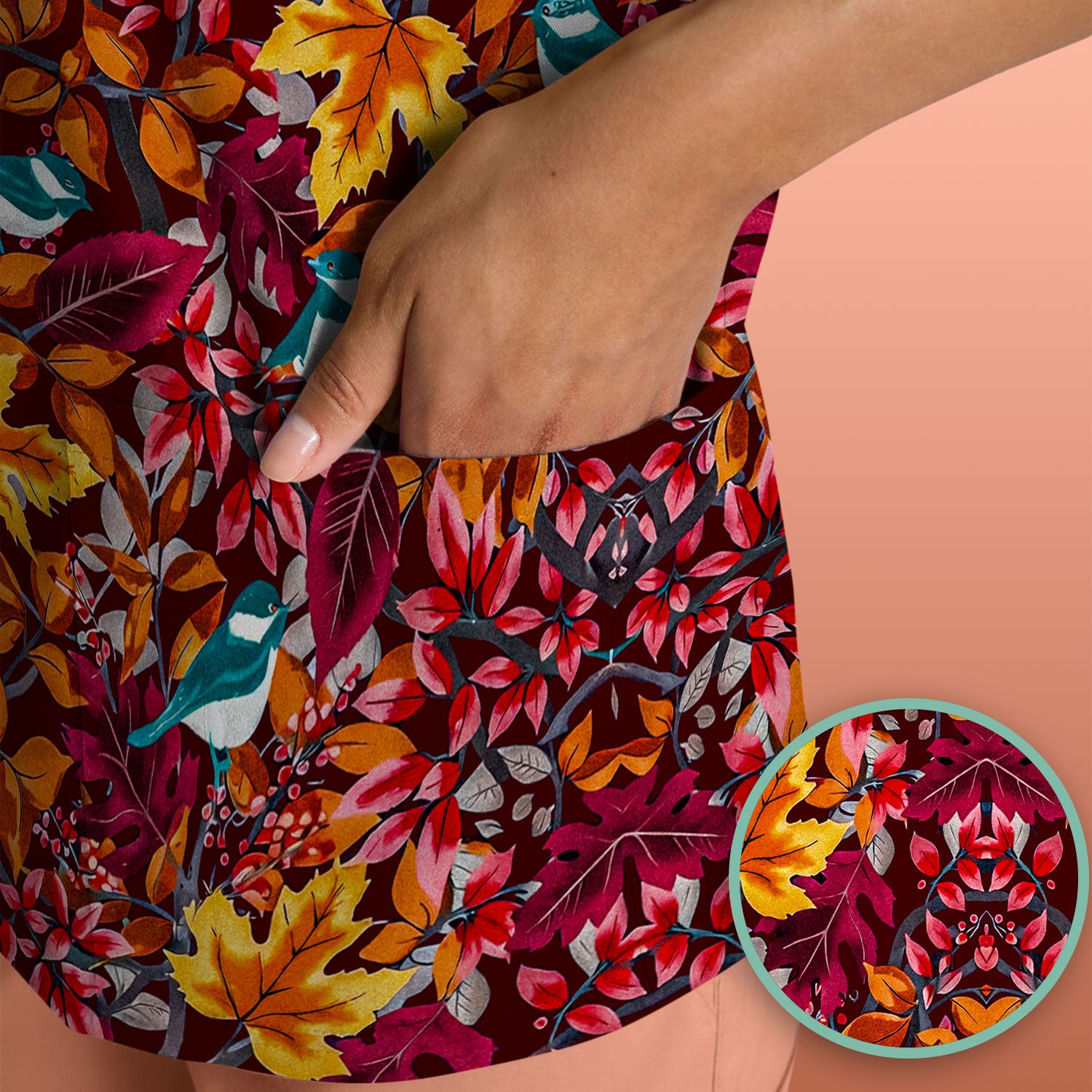 Autumn Leaves Blue Bird Pattern Print Scrub Top, Breathable Fabrics Nursing Uniform