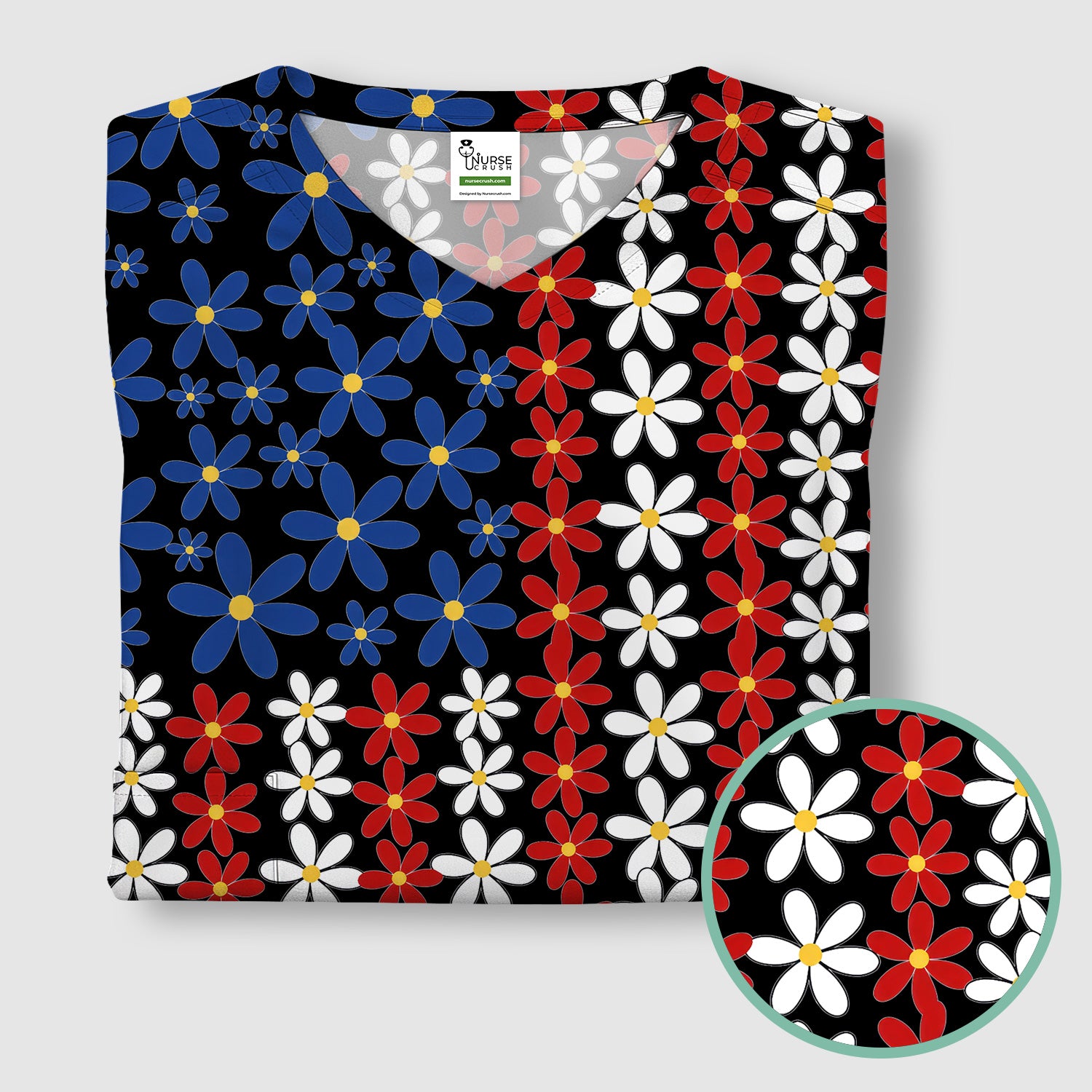 Retro Red Blue Daisy Stripe Pattern Scrub Top, Comfortable Scrubs for Nurses