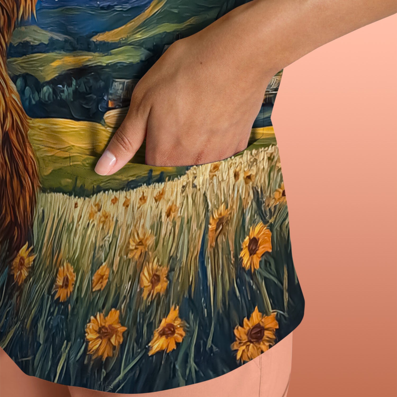 Artistic Highland Cow Starry Night Scene Pattern Scrub Top, Comfortable Scrubs for Nurses