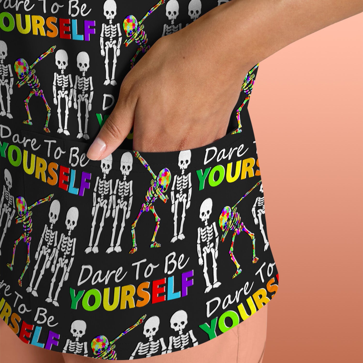 Rainbow Skeleton Dare To Be Yourself Pattern Scrubs Top, Comfortable Scrubs for Nurses