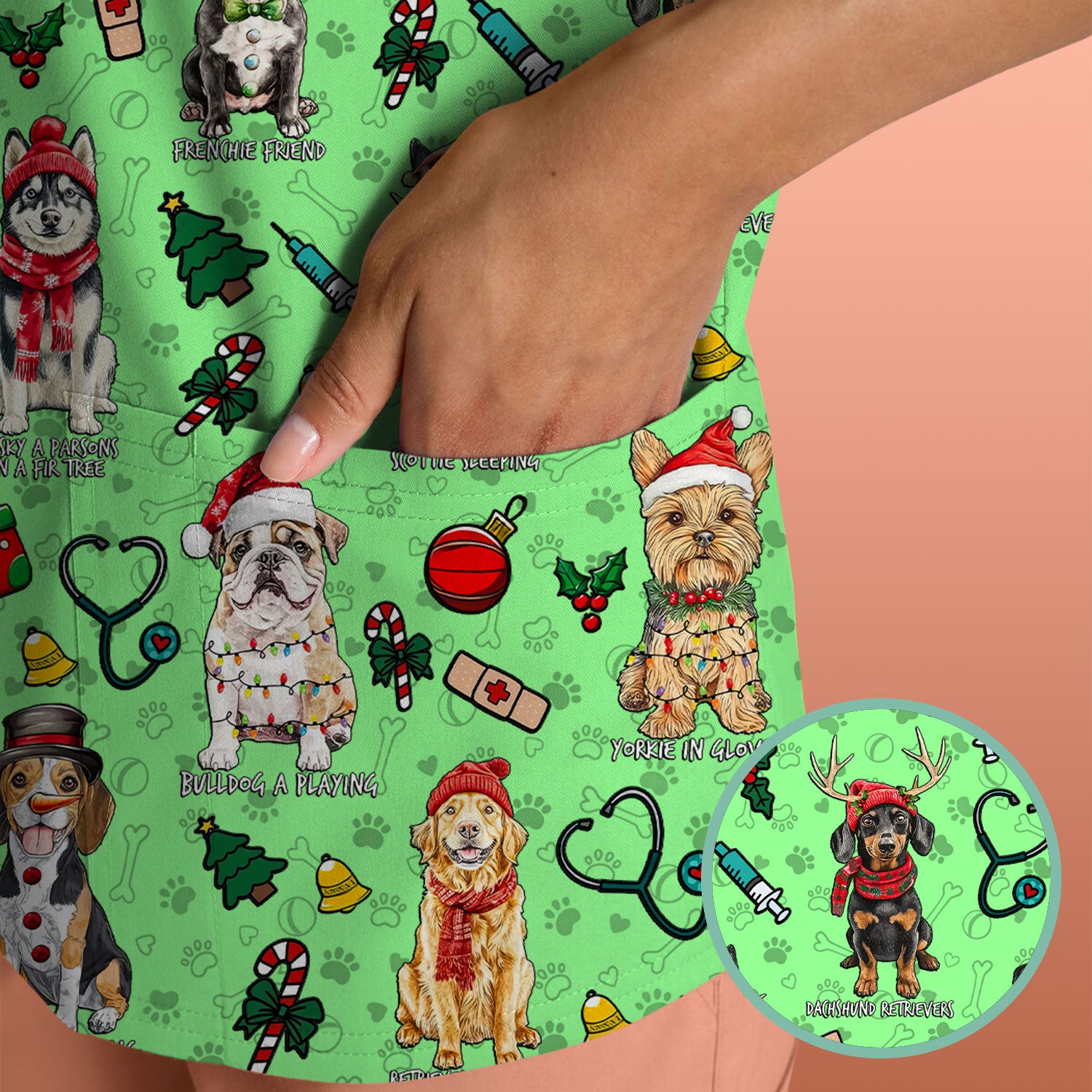 Cute Christmas Dog Scrubs for Nurses - Corgi, Dachshund, Husky, Poodle & Labrador - Funny Holiday Medical Scrub Top for Women