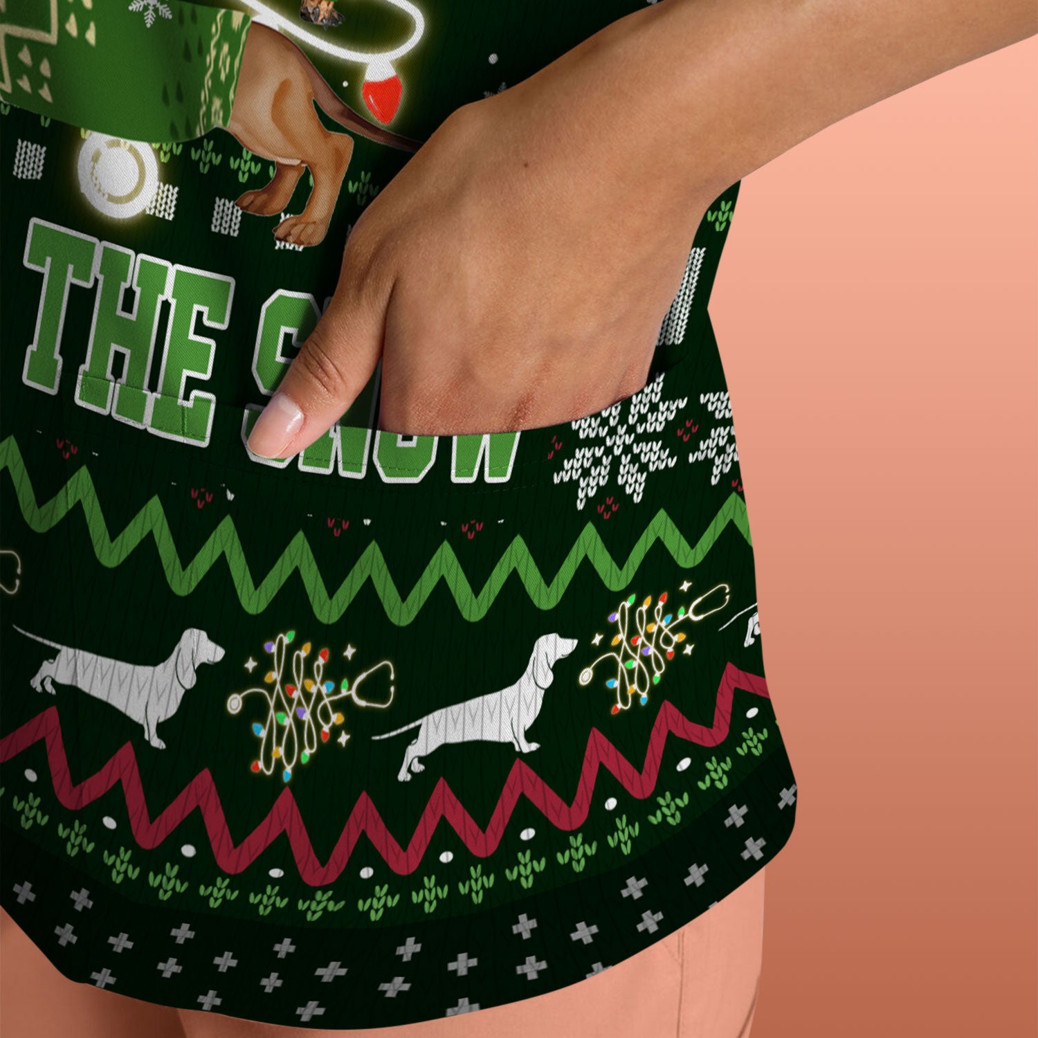 Dachshund Through The Snow Christmas Scrub Top - Funny Sausage Dog Xmas Tree Nurse Shirt - Cute Holiday Medical Uniform