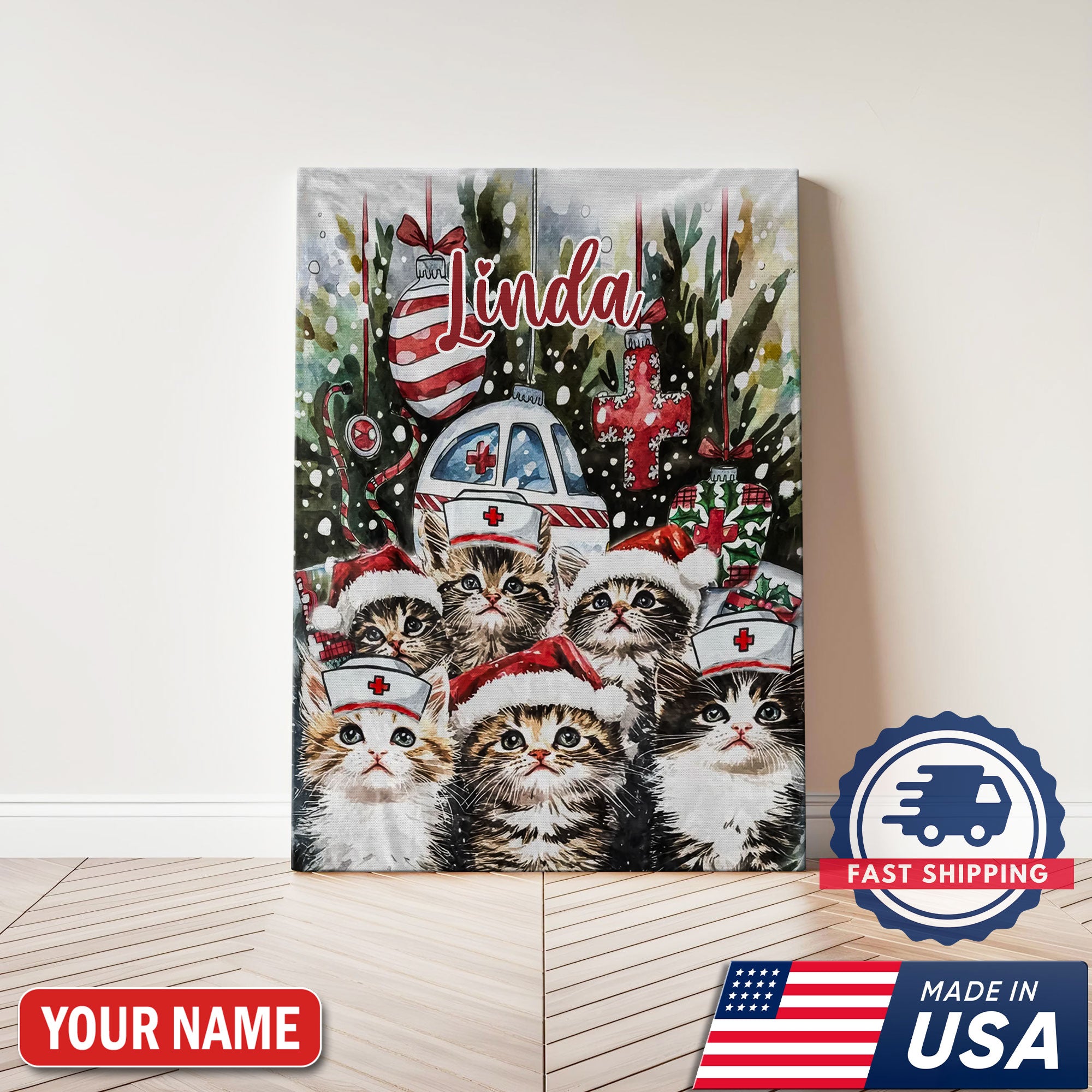 Personalized Nurse Cat Christmas Canvas, Custom Name Nurse Wall Art, Cute Holiday Gift For RN And Cat Lovers