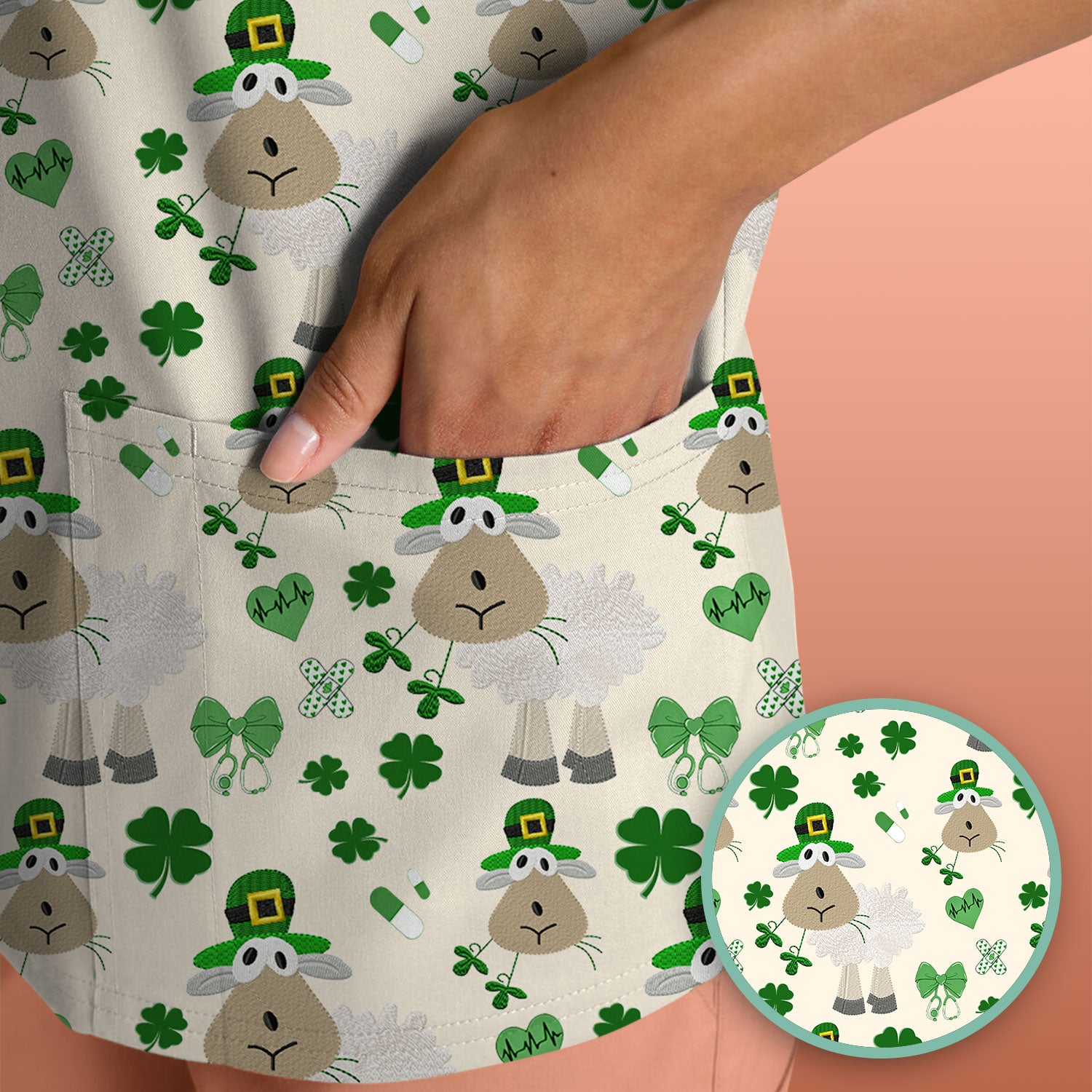 Nurse St. Patrick Scrubs Top, Cute Sheep Shamrock Pattern Nurse Shirt, Breathable Fabrics Nursing Uniform