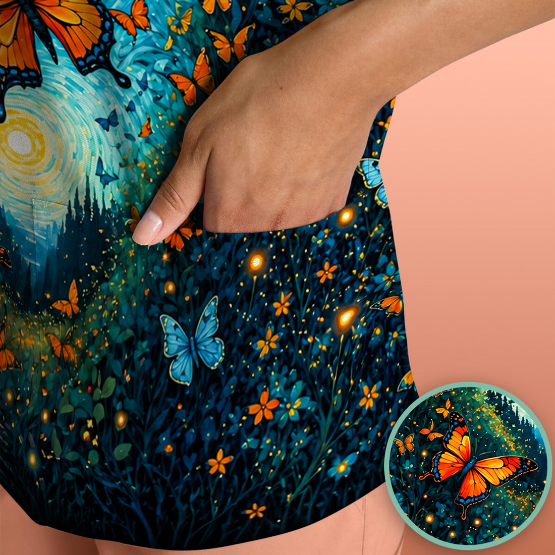 Moonlit Butterfly Nurse Scrub Top for RN, CNA, Pediatric Nurses, Floral Uniform