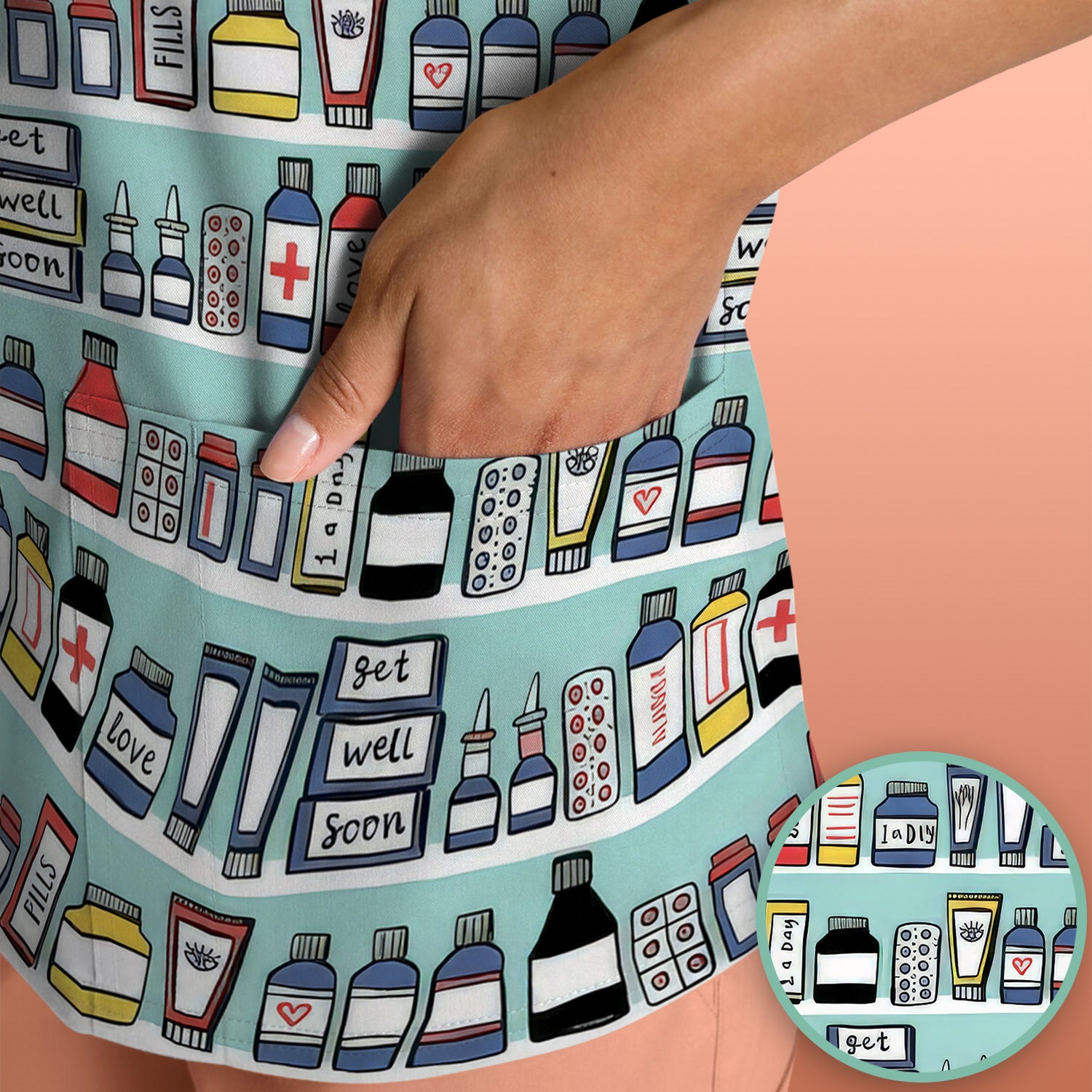 Medicine Bottle Pharmacy Pills Care Pattern Scrub Top, Comfortable Scrubs for Nurses