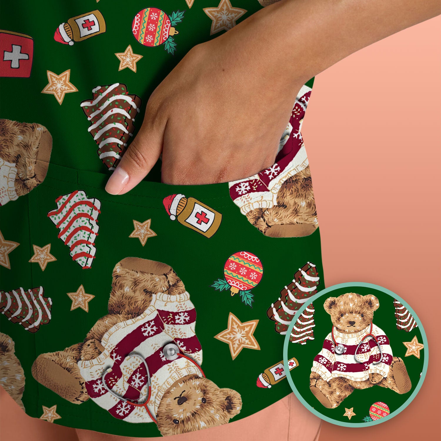 Teddy Bear Christmas Scrub Top - Cute Holiday Medical Pattern with Warm Sweater Bear - Gift for Nurses RN CNA LPN