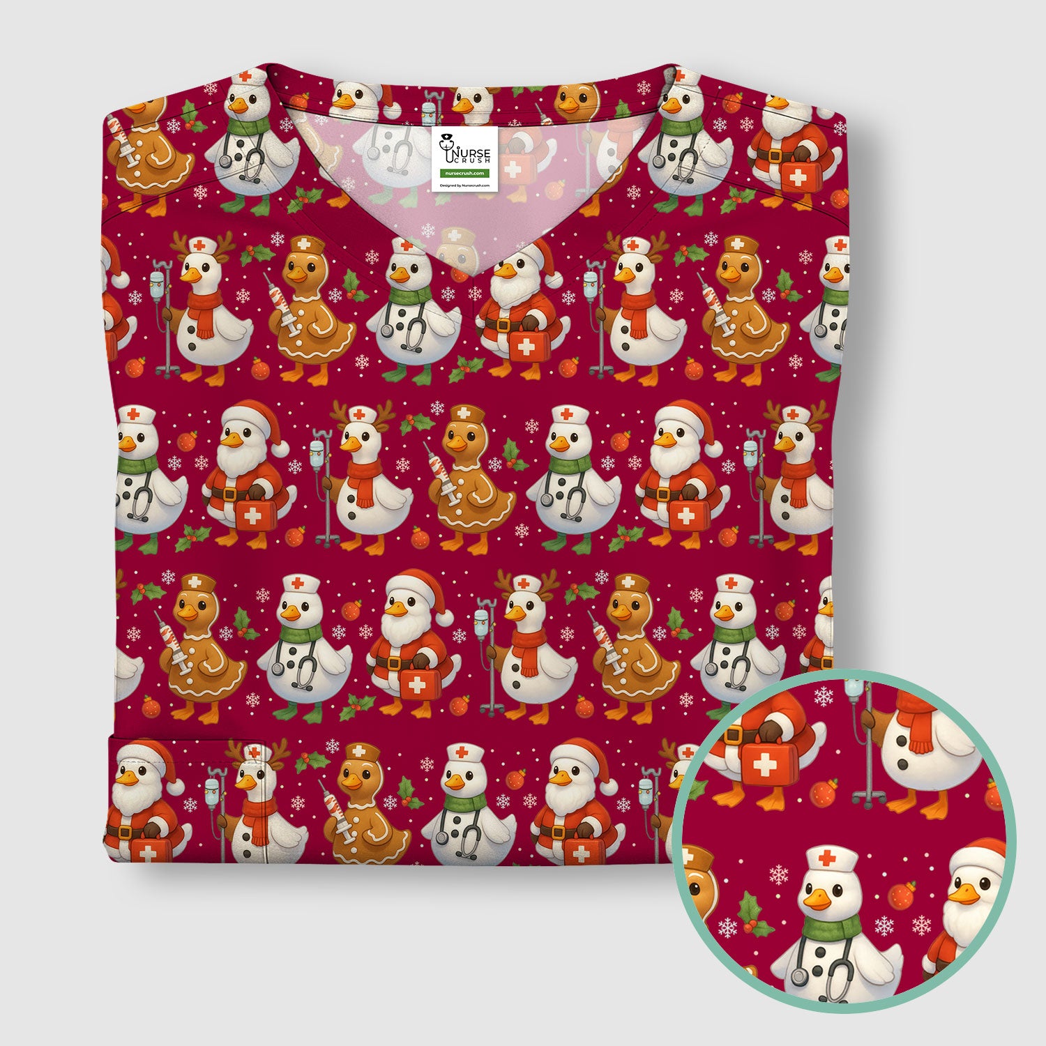 Christmas Goose Scrubs for Women - Funny Holiday Goose Pattern Medical Scrub Top - Festive Christmas Scrubs with Cute Nurse Design