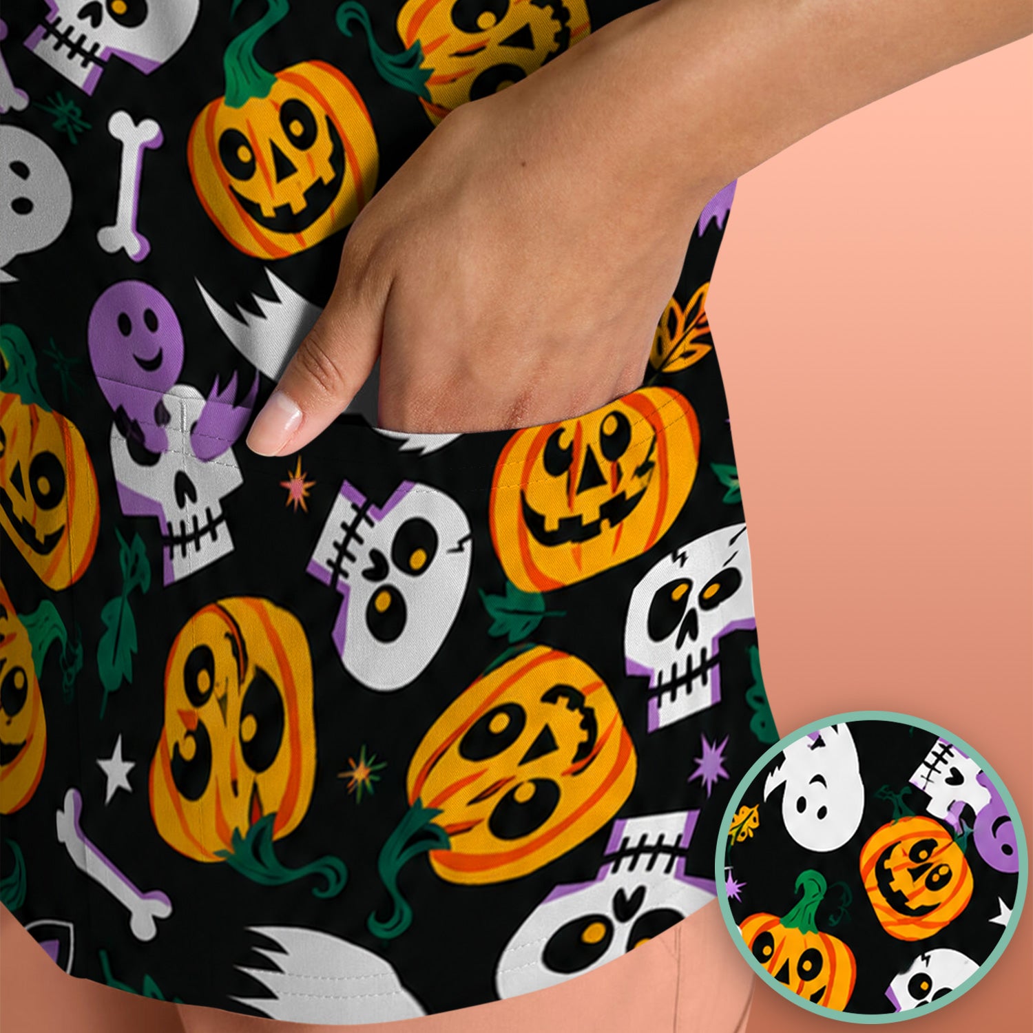 Spooky Pumpkin Ghost Print Scrub Top, Comfortable Scrubs for Nurses