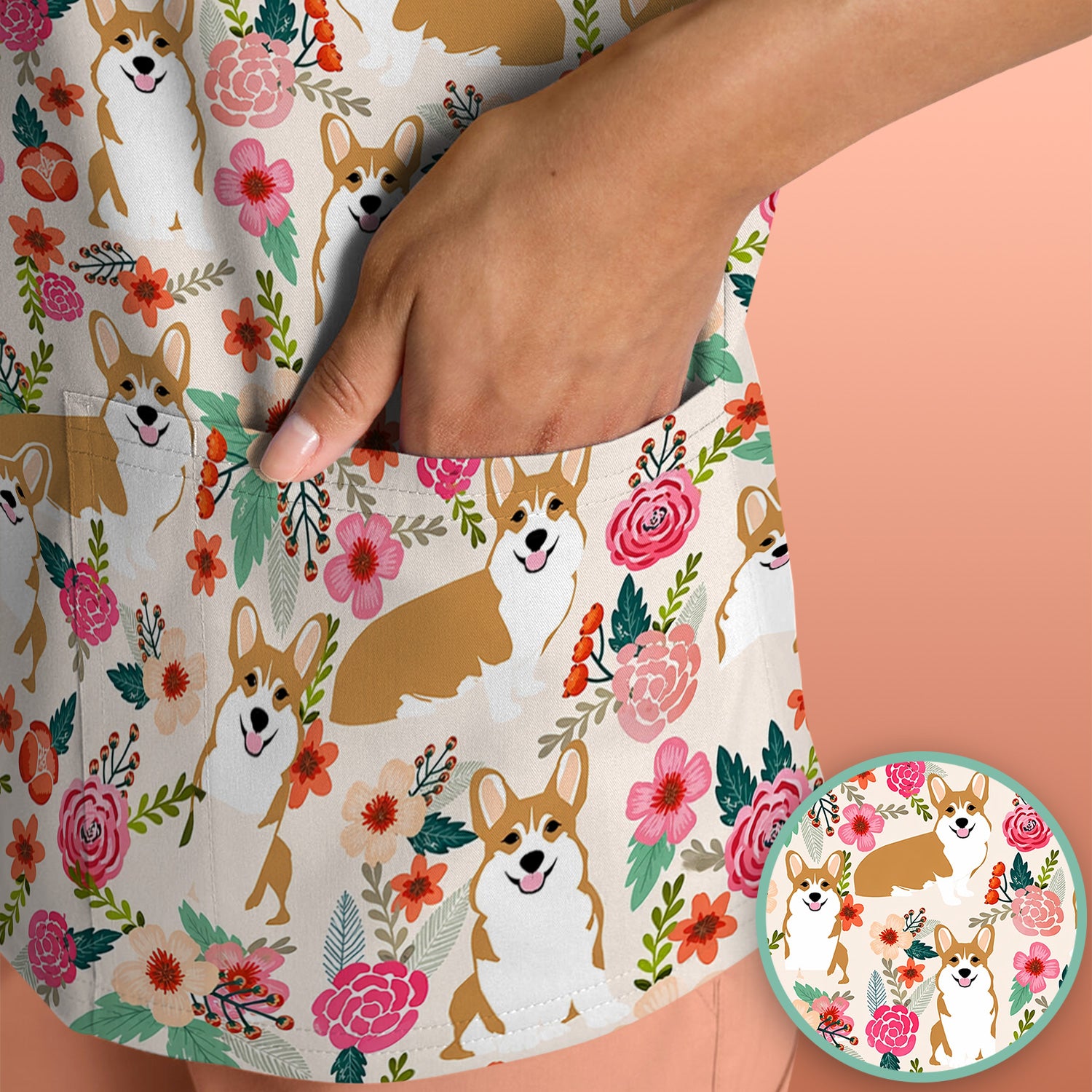 Cute Corgi Dog Floral Garden Pattern Nurse Scrub Top, Comfortable Scrubs for Nurses